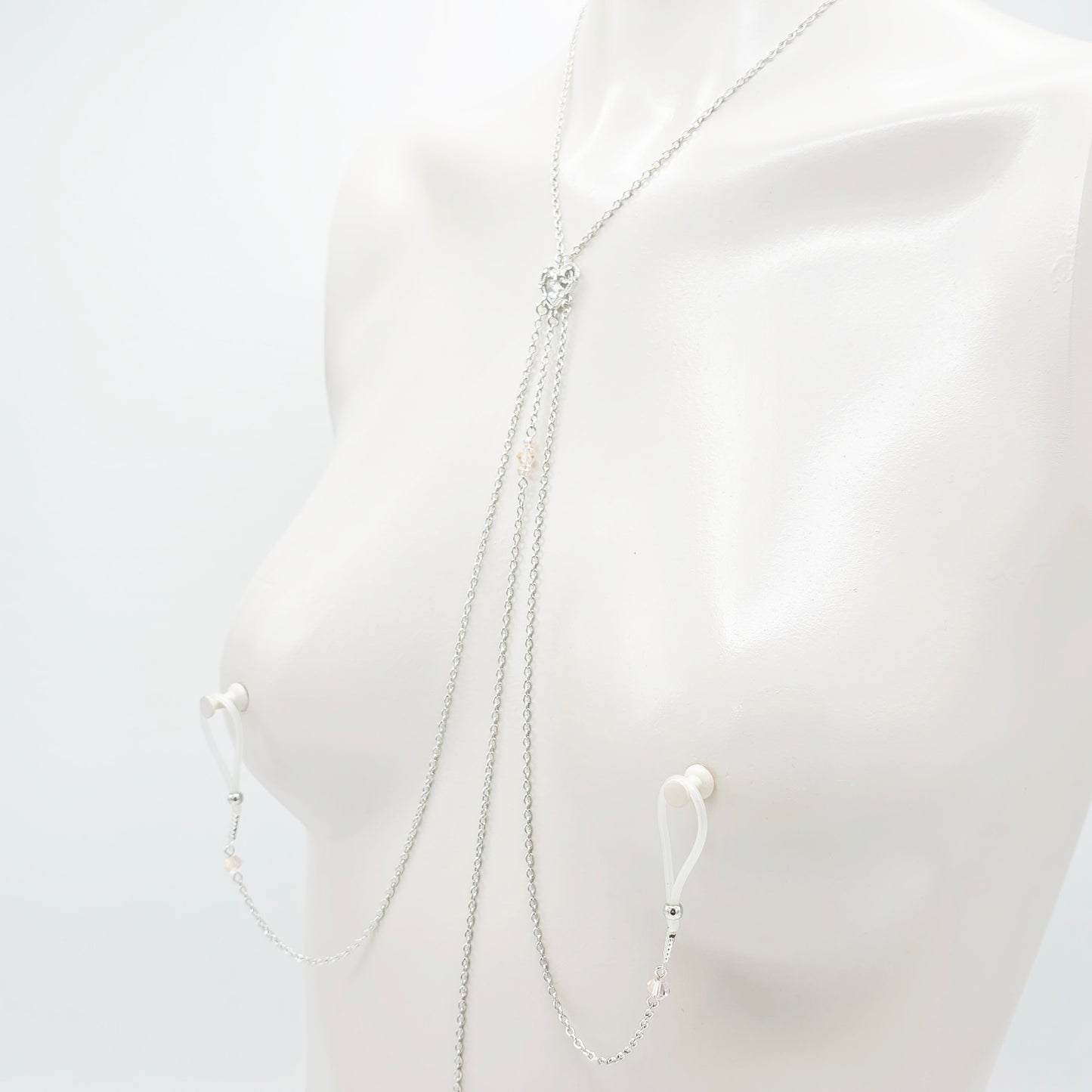 Necklace to Nipple with Tweezer Clit Clamp with Heart and Pink Crystals.