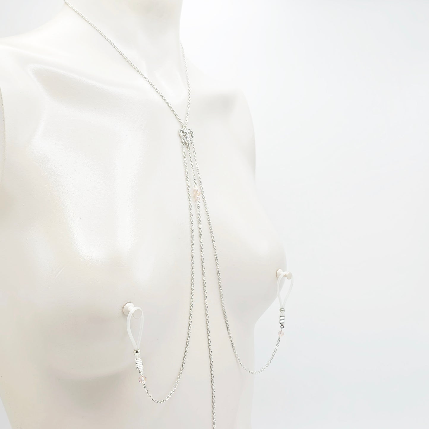 Necklace to Nipple with Tweezer Clit Clamp with Heart and Pink Crystals.