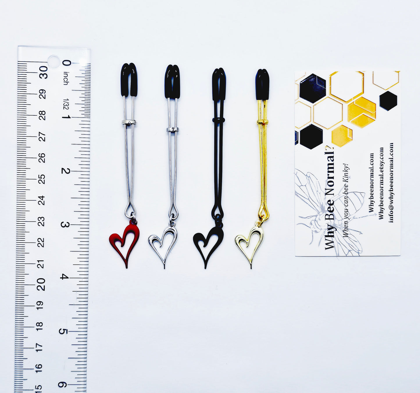 Clit Clamp, with Heart in Gold, Black, Red or Silver. Tweezer Clitoral Clamp.