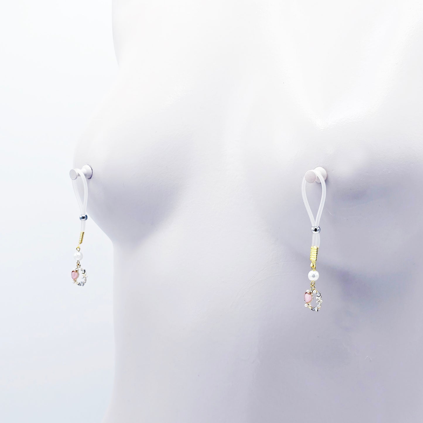 Fake Nipple Piercings. Sexy Heart and Pearl Nipple Dangles on Nipple Nooses or Clamps.