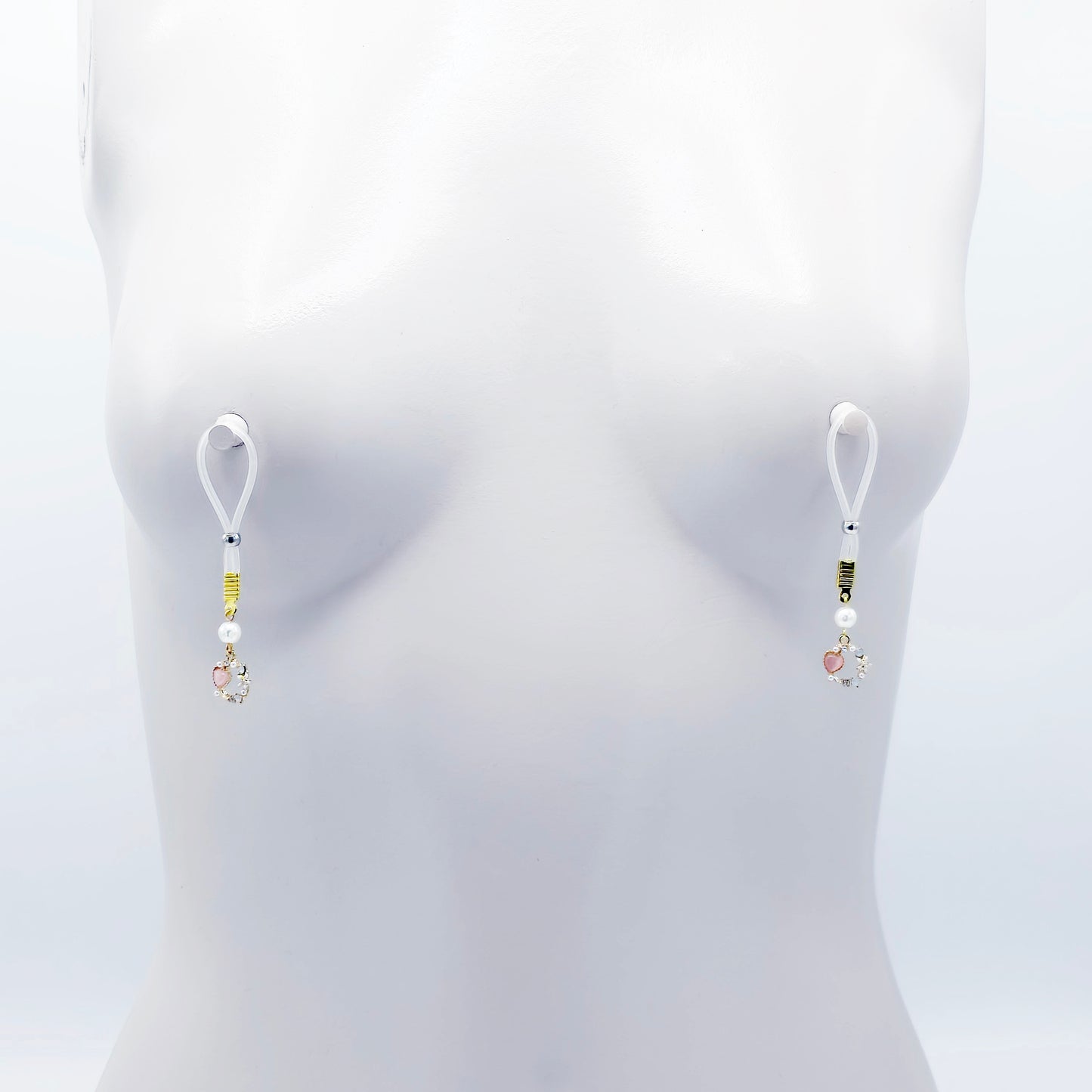 Fake Nipple Piercings. Sexy Heart and Pearl Nipple Dangles on Nipple Nooses or Clamps.