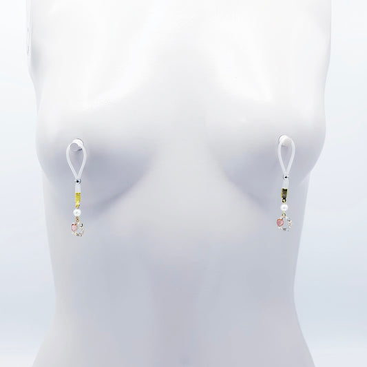Fake Nipple Piercings. Sexy Heart and Pearl Nipple Dangles on Nipple Nooses or Clamps.