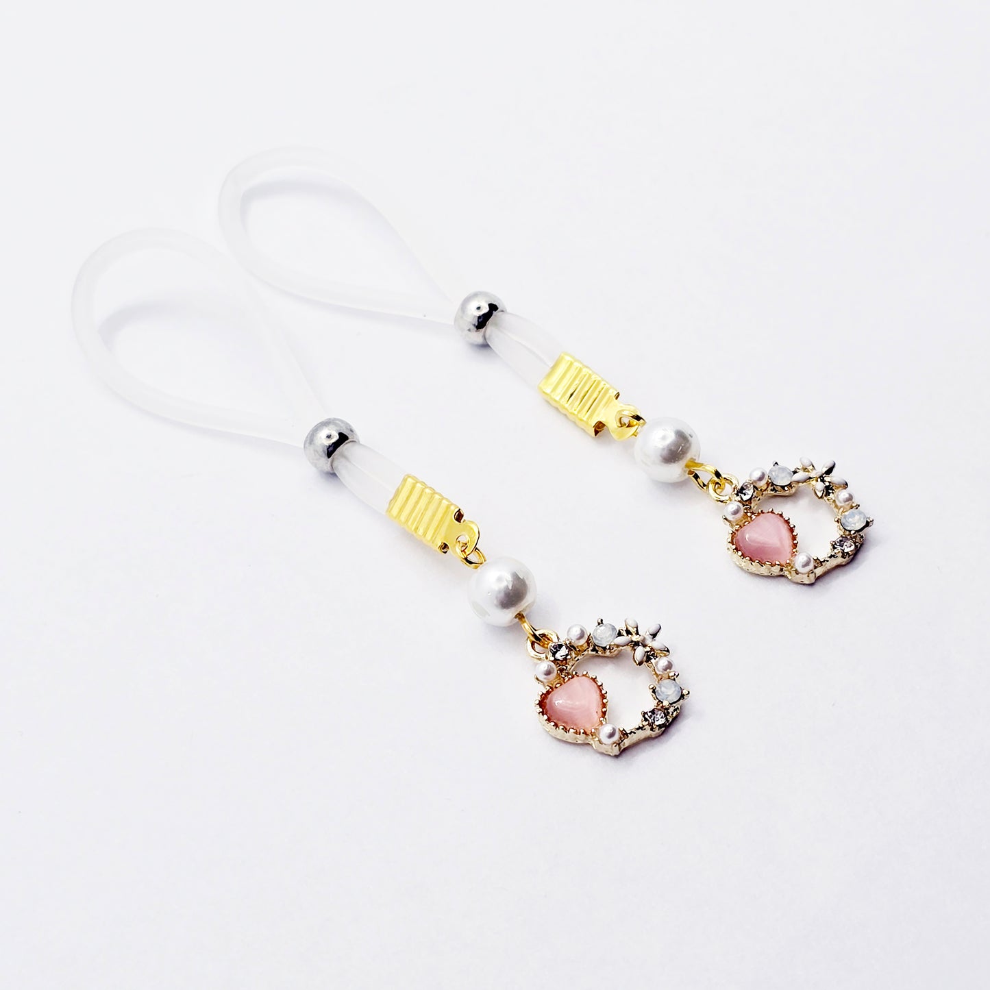 Fake Nipple Piercings. Sexy Heart and Pearl Nipple Dangles on Nipple Nooses or Clamps.