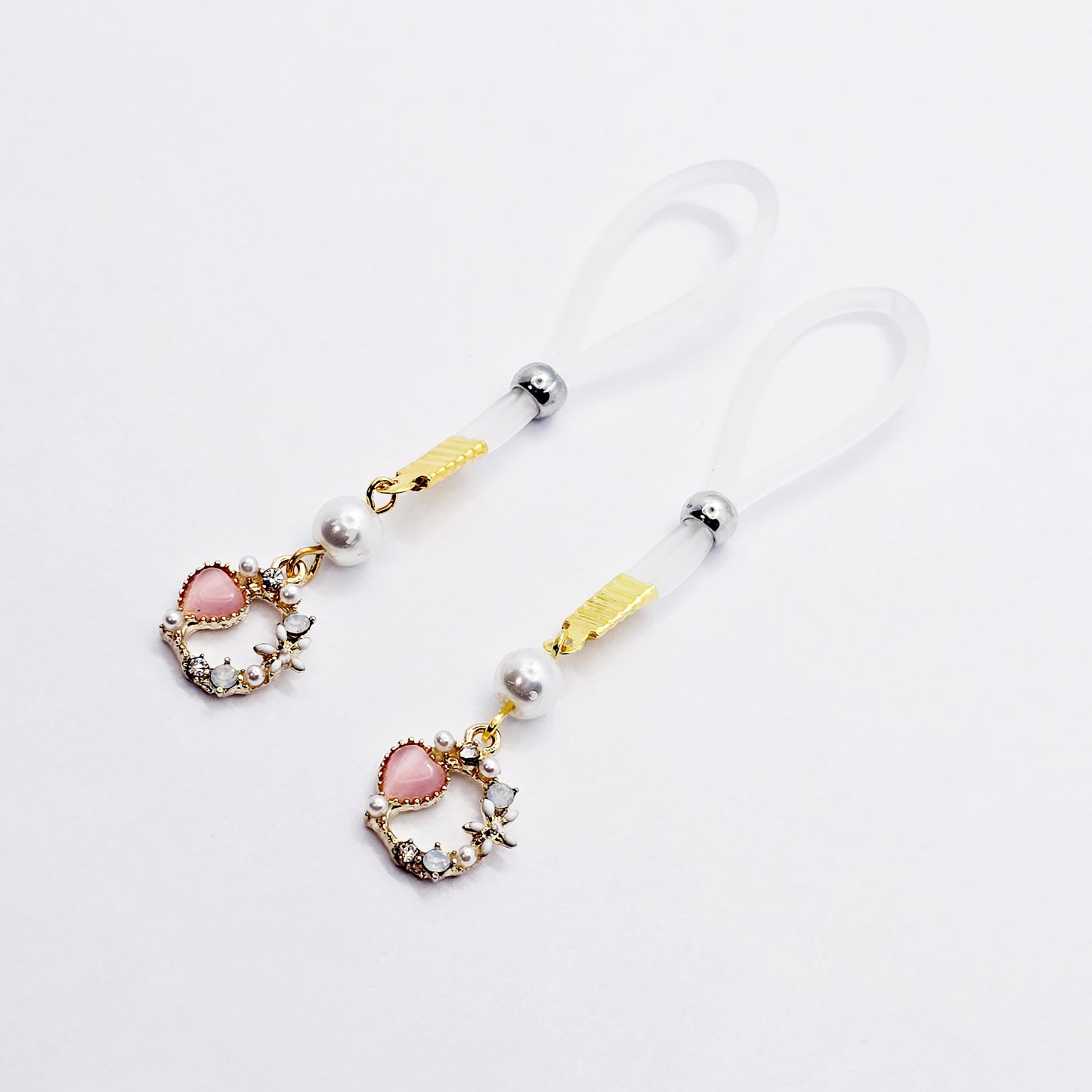 Fake Nipple Piercings. Sexy Heart and Pearl Nipple Dangles on Nipple Nooses or Clamps.