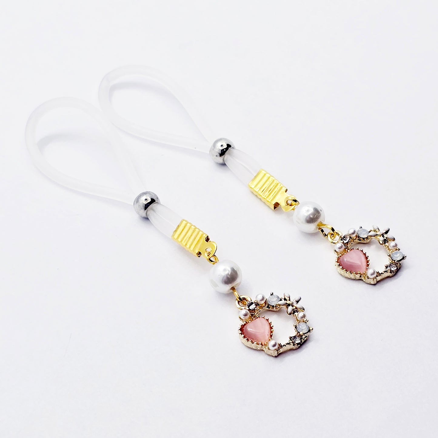 Fake Nipple Piercings. Sexy Heart and Pearl Nipple Dangles on Nipple Nooses or Clamps.