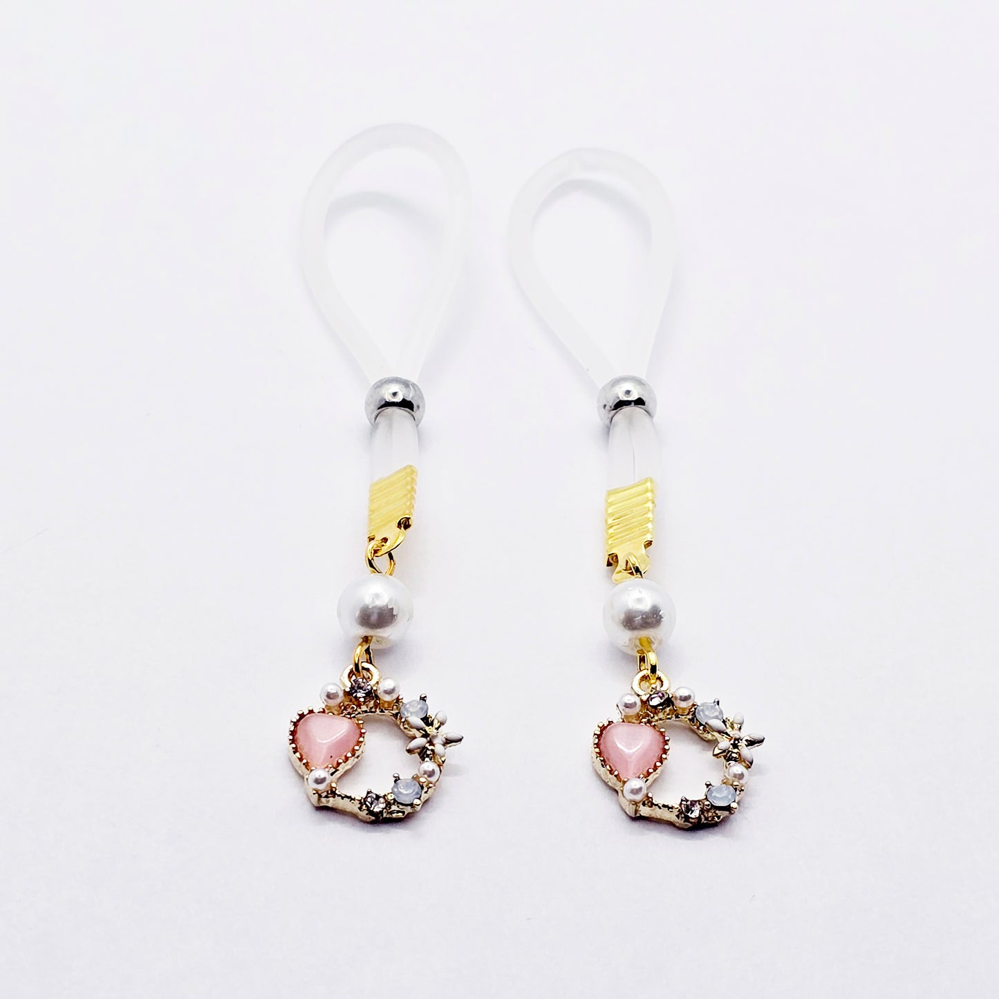 Fake Nipple Piercings. Sexy Heart and Pearl Nipple Dangles on Nipple Nooses or Clamps.