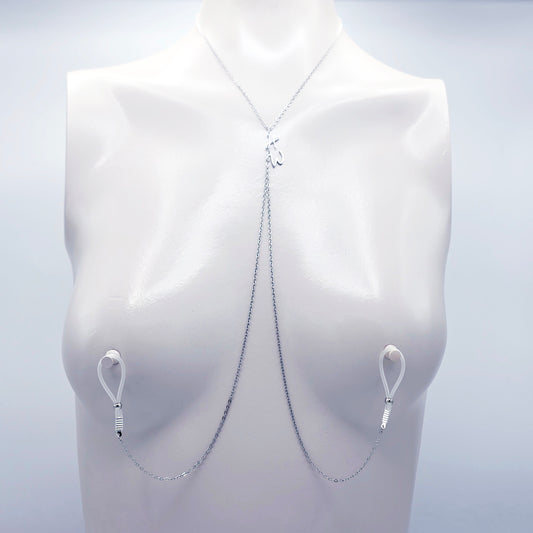 Hotwife Necklace to Nipple, Stainless Steel, with Non-Piercing Nipple Nooses or Clamps. Or use with Piercings.