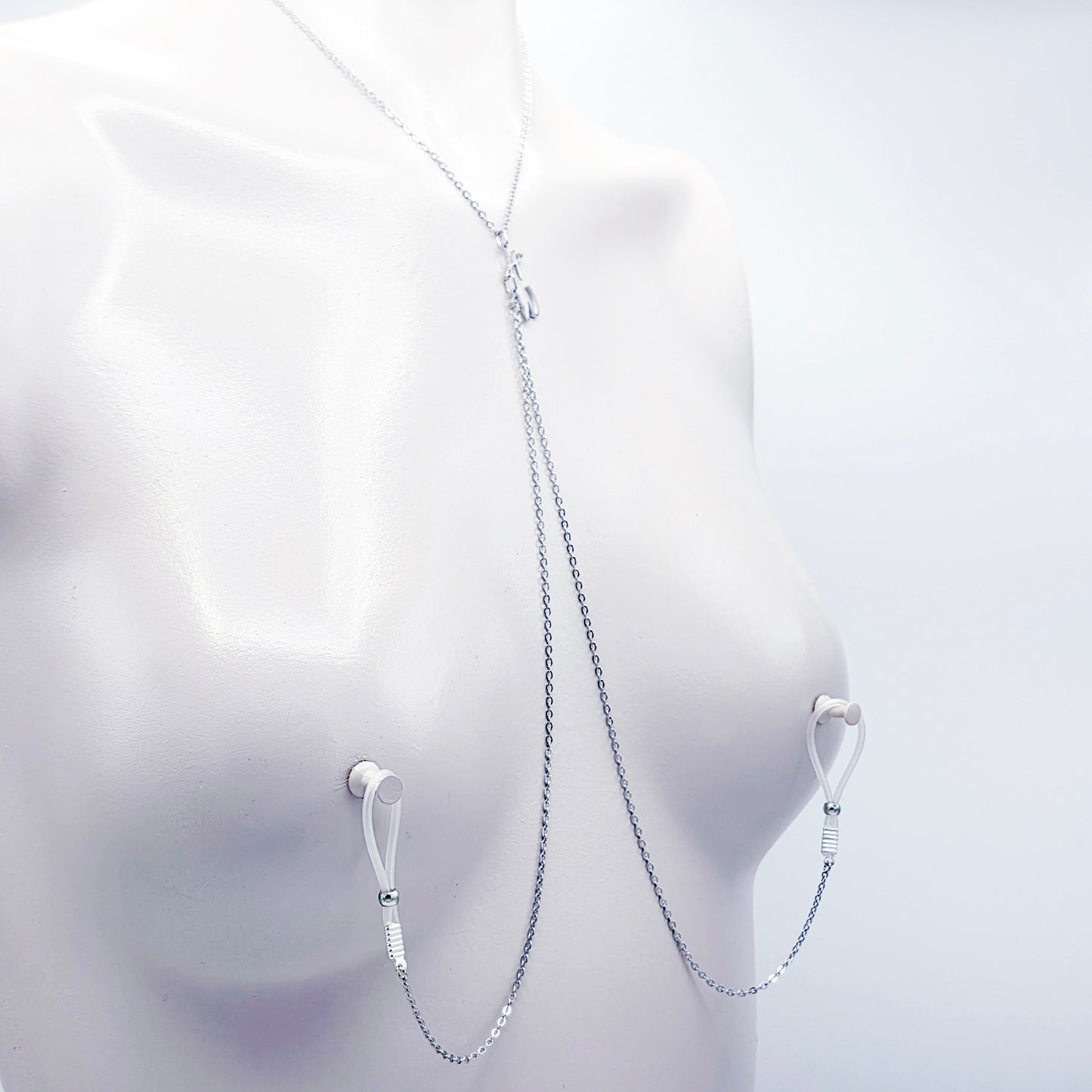 Hotwife Necklace to Nipple, Stainless Steel, with Non-Piercing Nipple Nooses or Clamps. Or use with Piercings.