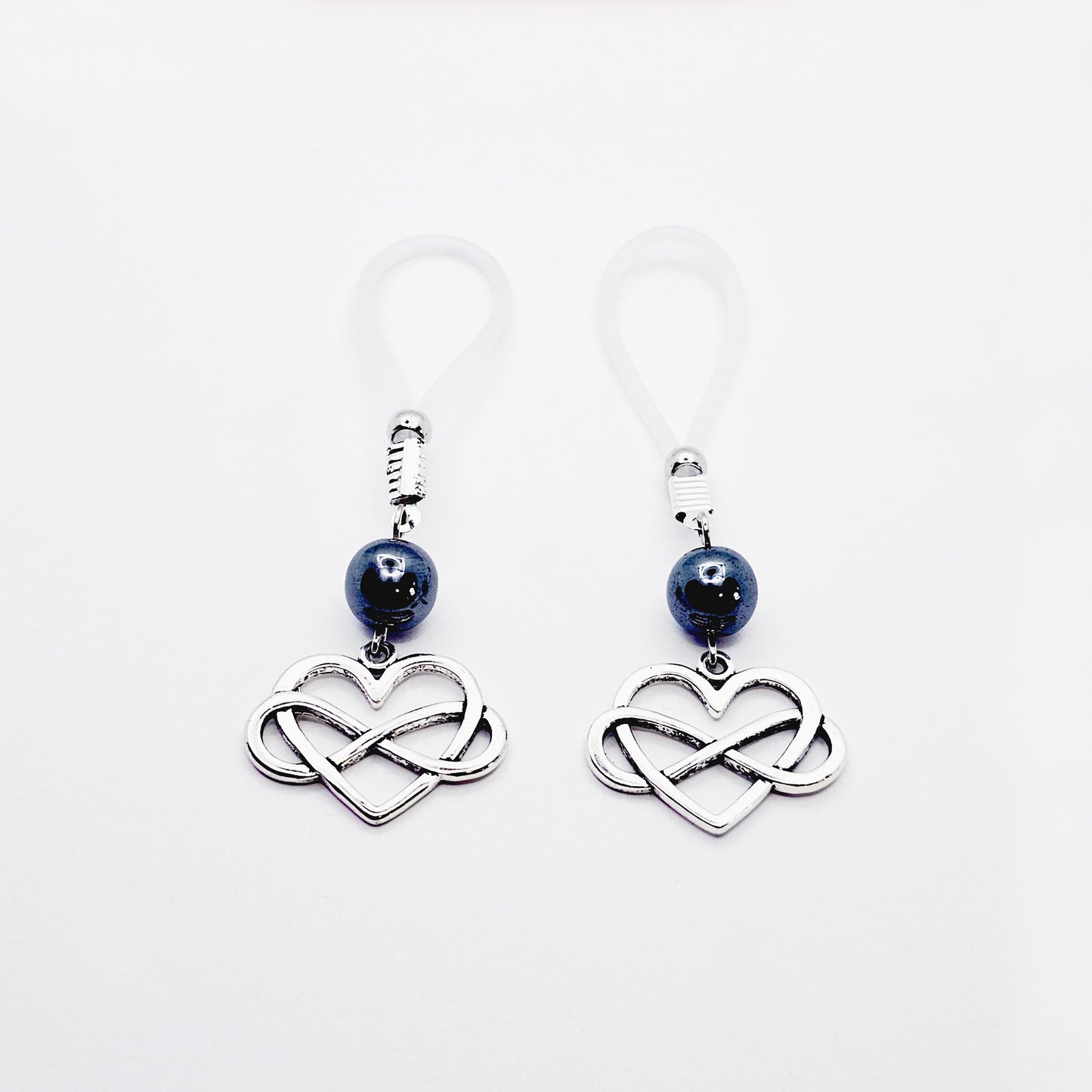 Polyamorous Infinity Heart and Hematite Nipple Dangles. Choose Soft Nooses or Nipple Clamps. BDSM