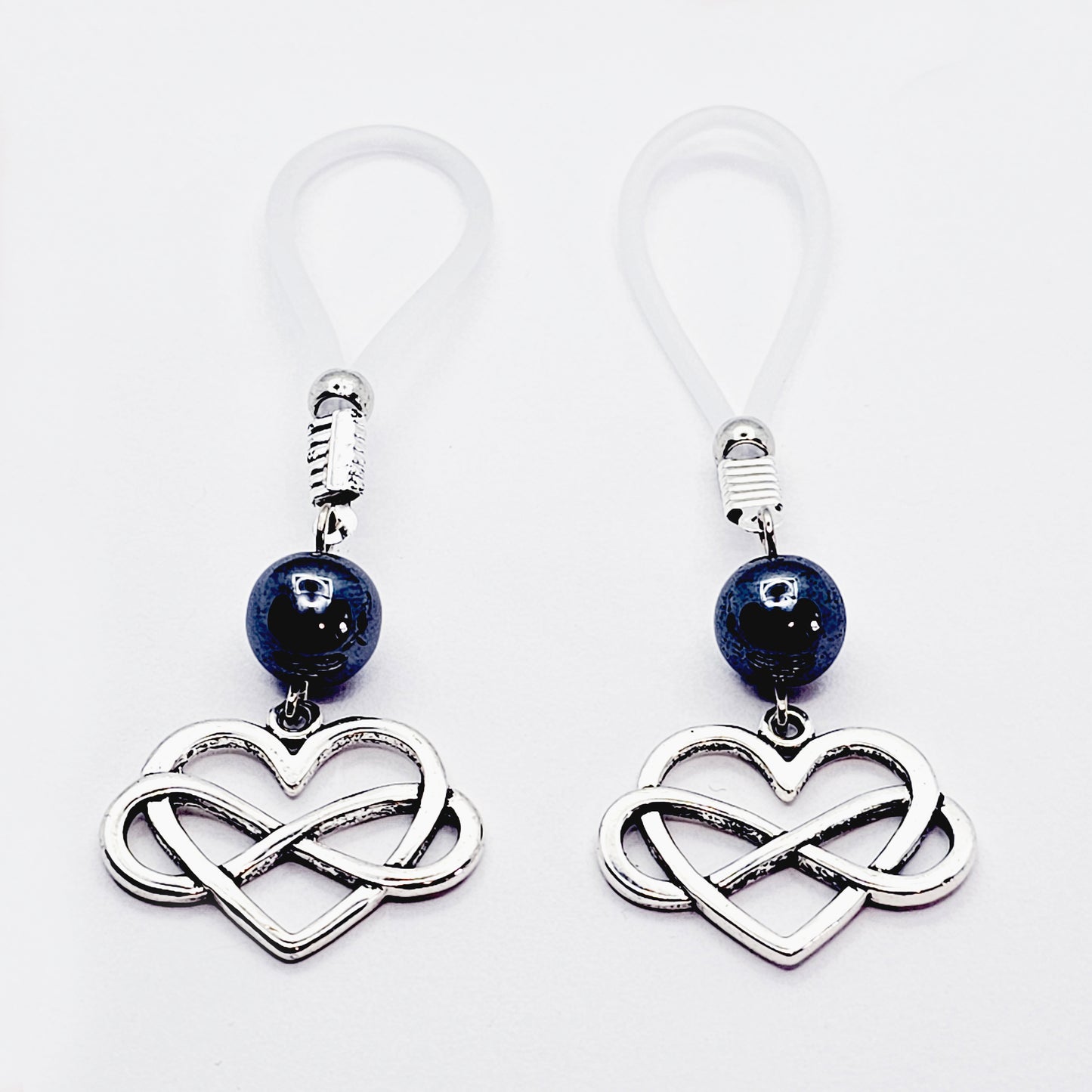 Polyamorous Infinity Heart and Hematite Nipple Dangles. Choose Soft Nooses or Nipple Clamps. BDSM