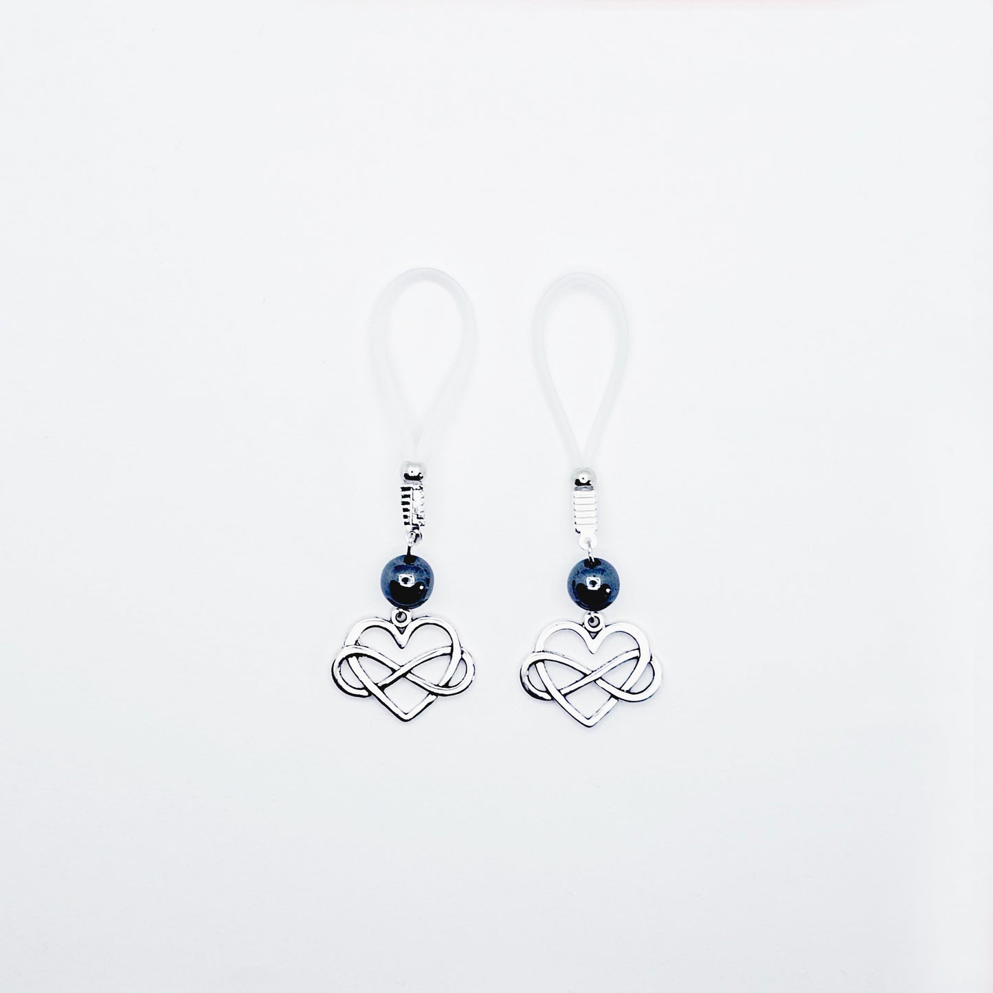 Polyamorous Infinity Heart and Hematite Nipple Dangles. Choose Soft Nooses or Nipple Clamps. BDSM