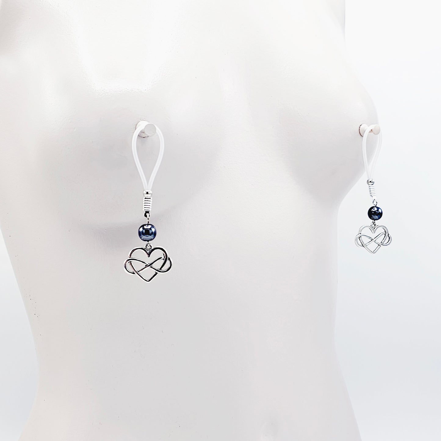Polyamorous Infinity Heart and Hematite Nipple Dangles. Choose Soft Nooses or Nipple Clamps. BDSM