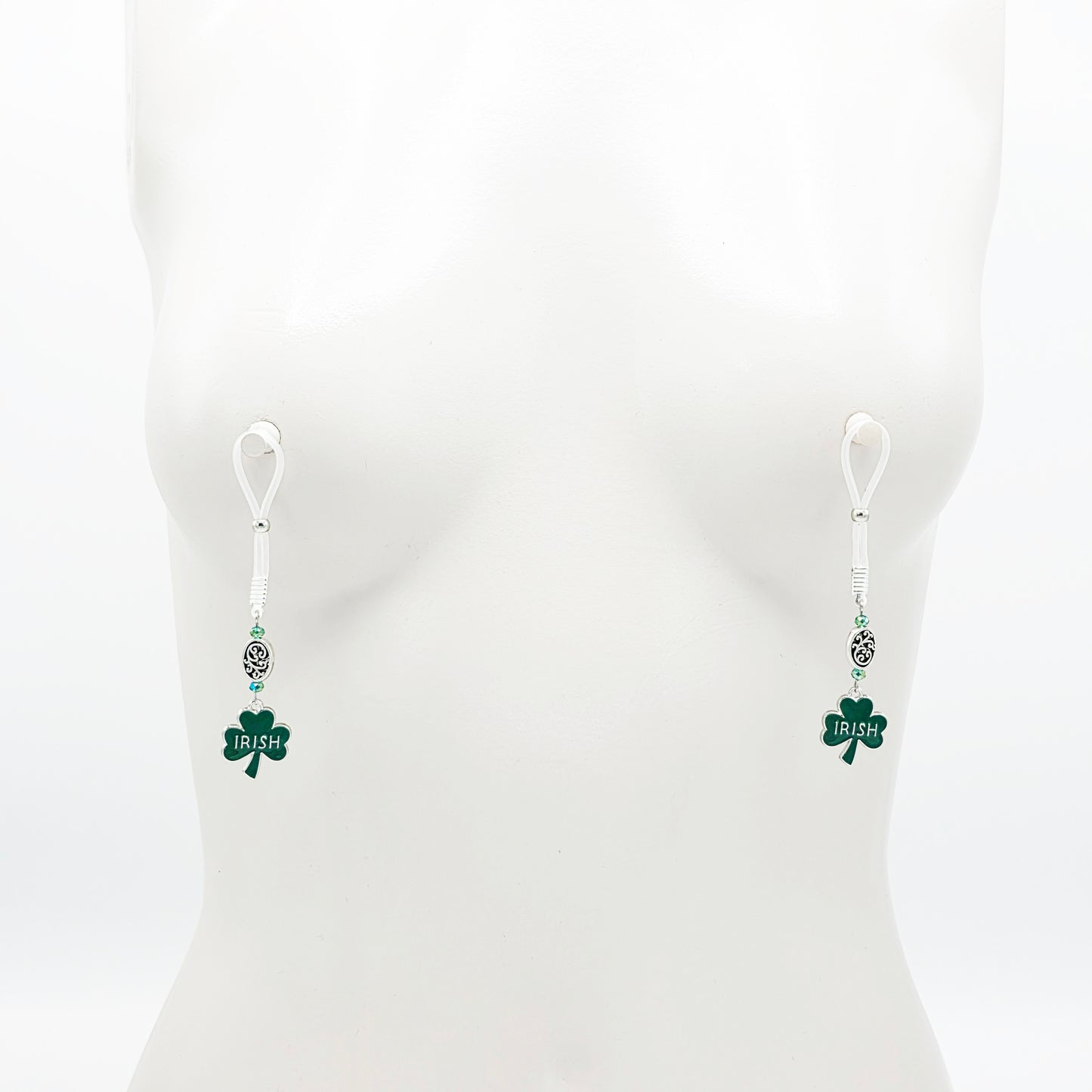 Non-Piercing Nipple Nooses with Beads and Green Shamrock Irish Pendants