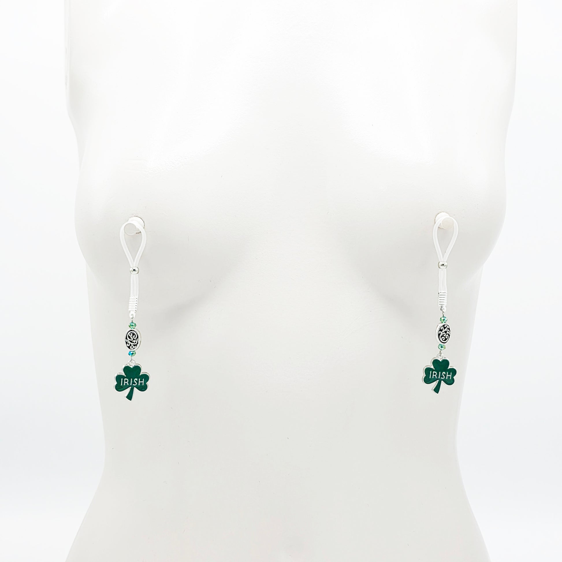 Non-Piercing Nipple Nooses with Beads and Green Shamrock Irish Pendants