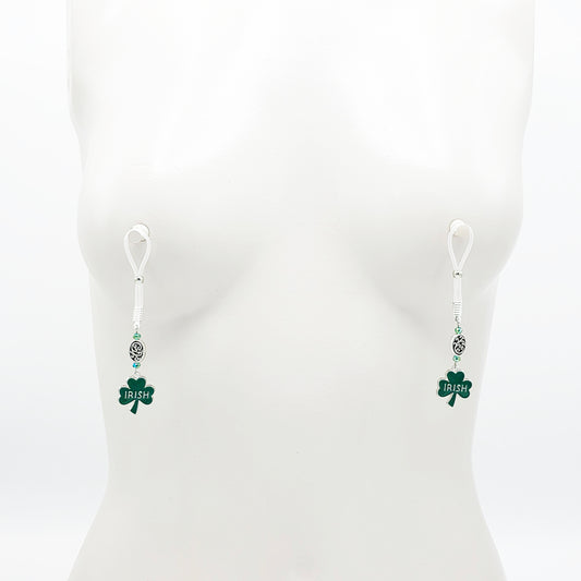 Non-Piercing Nipple Nooses with Beads and Green Shamrock Irish Pendants
