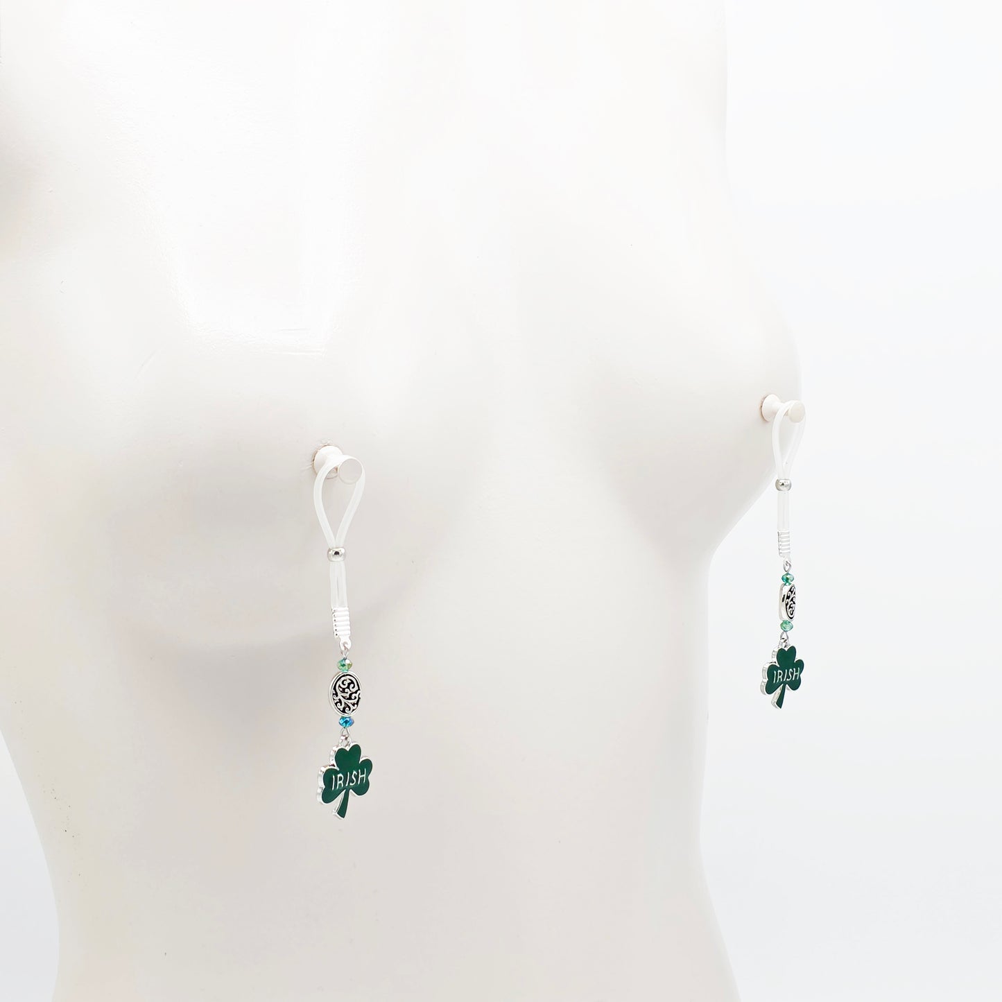 Non-Piercing Nipple Nooses with Beads and Green Shamrock Irish Pendants