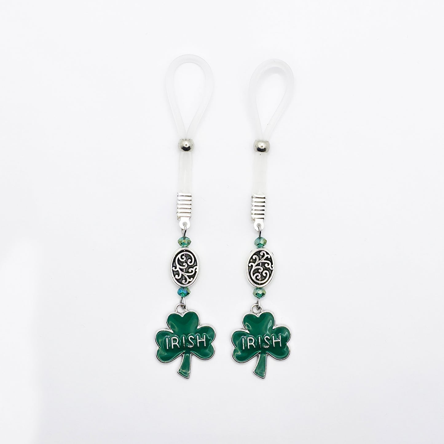Non-Piercing Nipple Nooses with Beads and Green Shamrock Irish Pendants