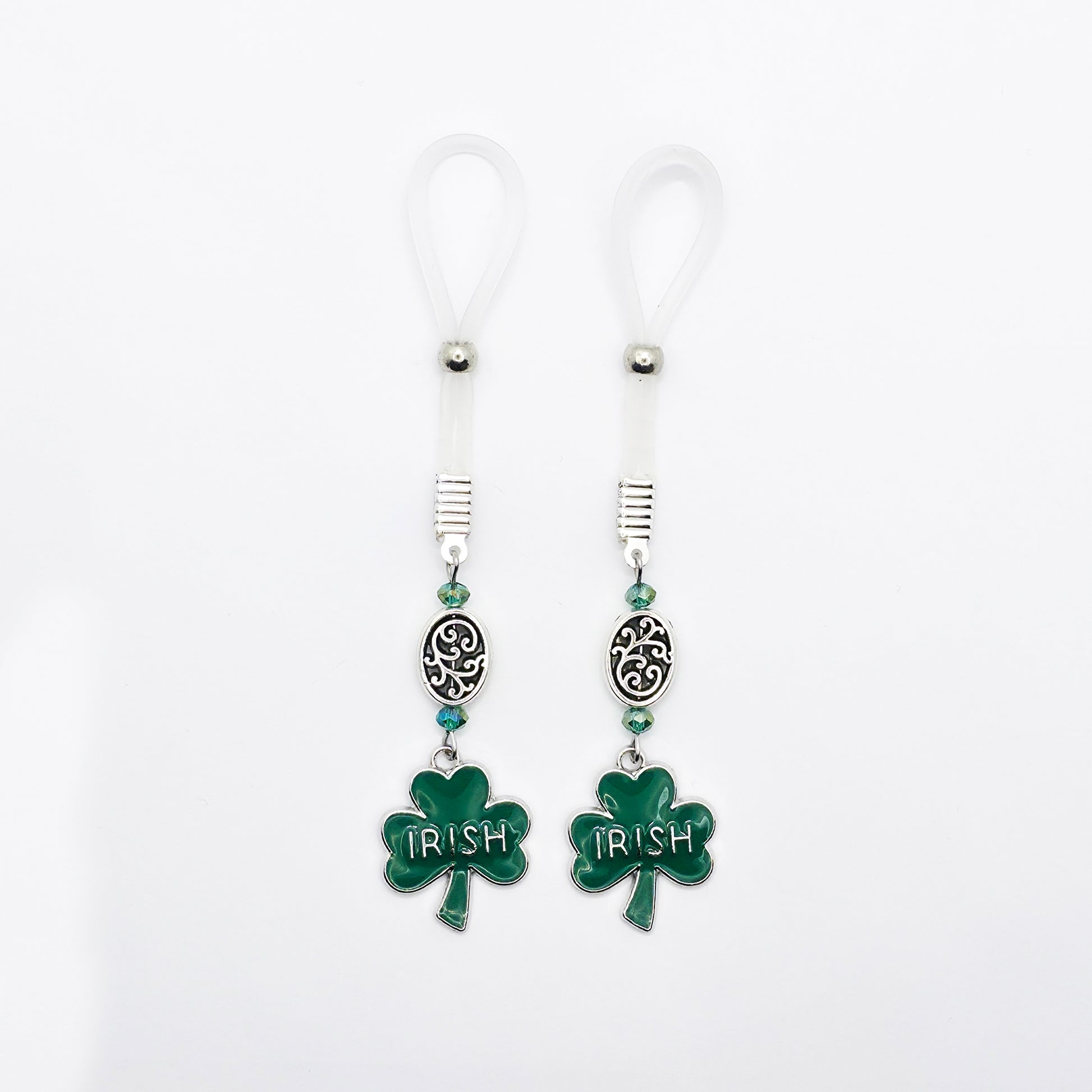 Non-Piercing Nipple Nooses with Beads and Green Shamrock Irish Pendants