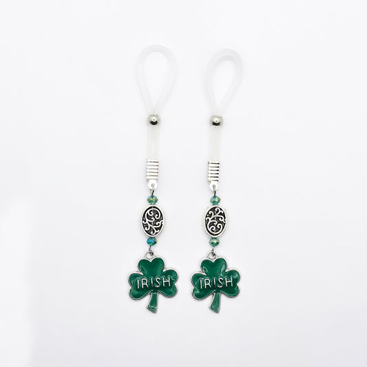 Non-Piercing Nipple Nooses with Beads and Green Shamrock Irish Pendants