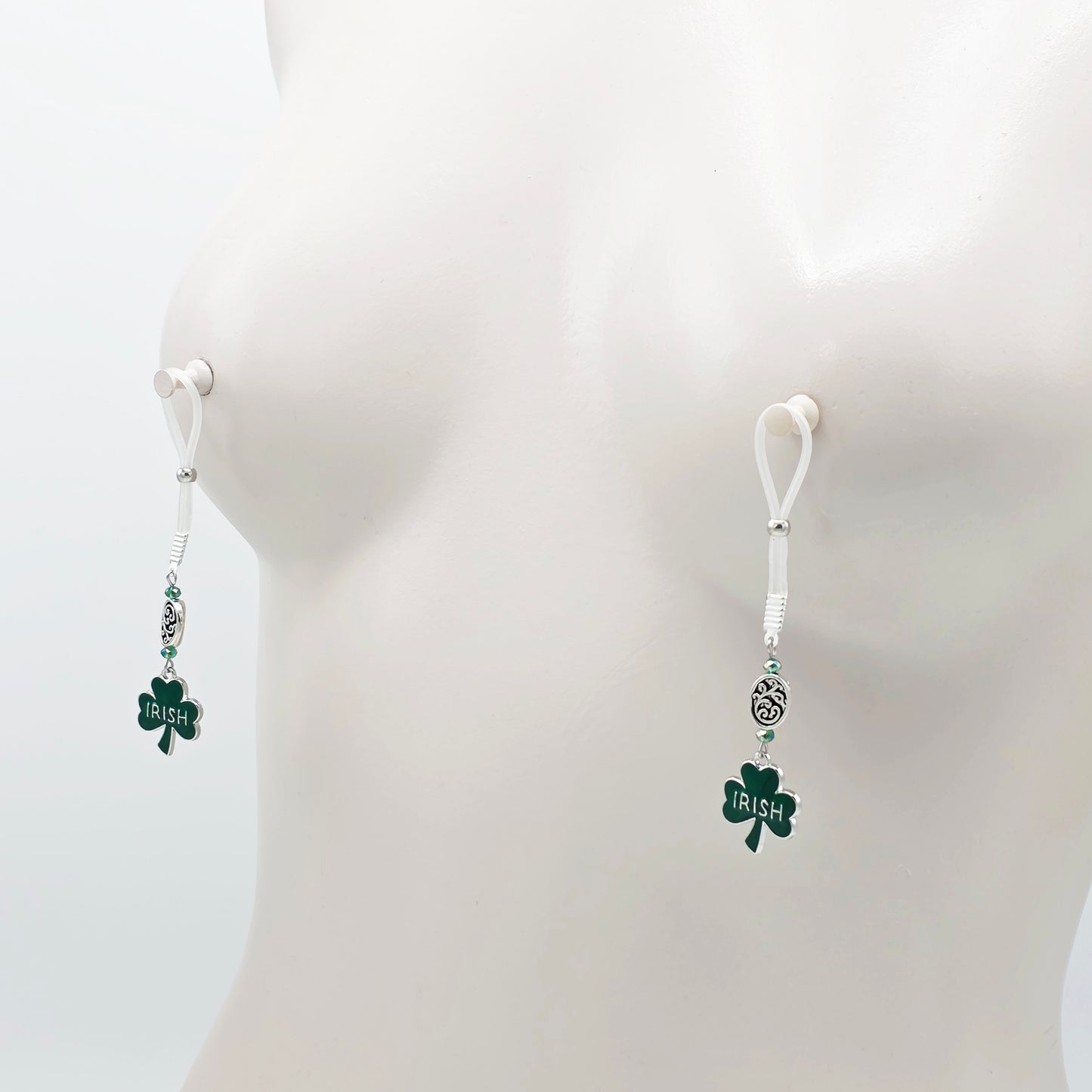 Non-Piercing Nipple Nooses with Beads and Green Shamrock Irish Pendants