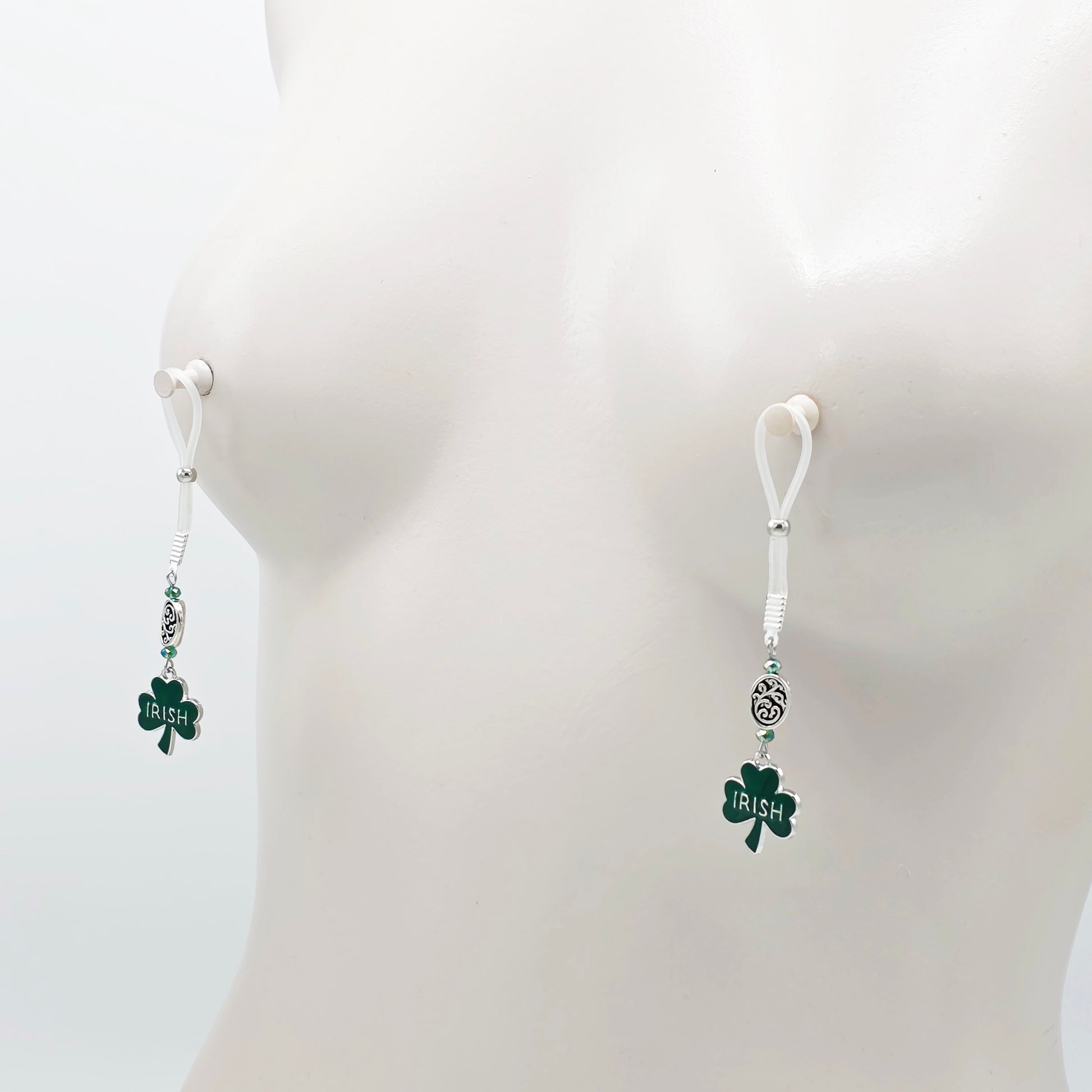 Non-Piercing Nipple Nooses with Beads and Green Shamrock Irish Pendants