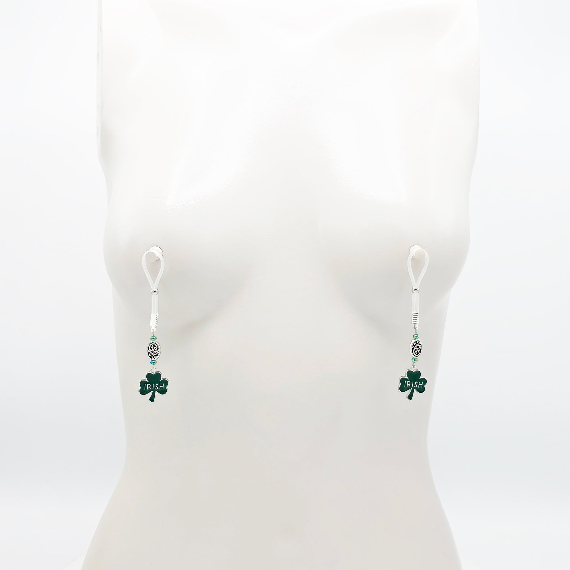 Non-Piercing Nipple Nooses with Beads and Green Shamrock Irish Pendants