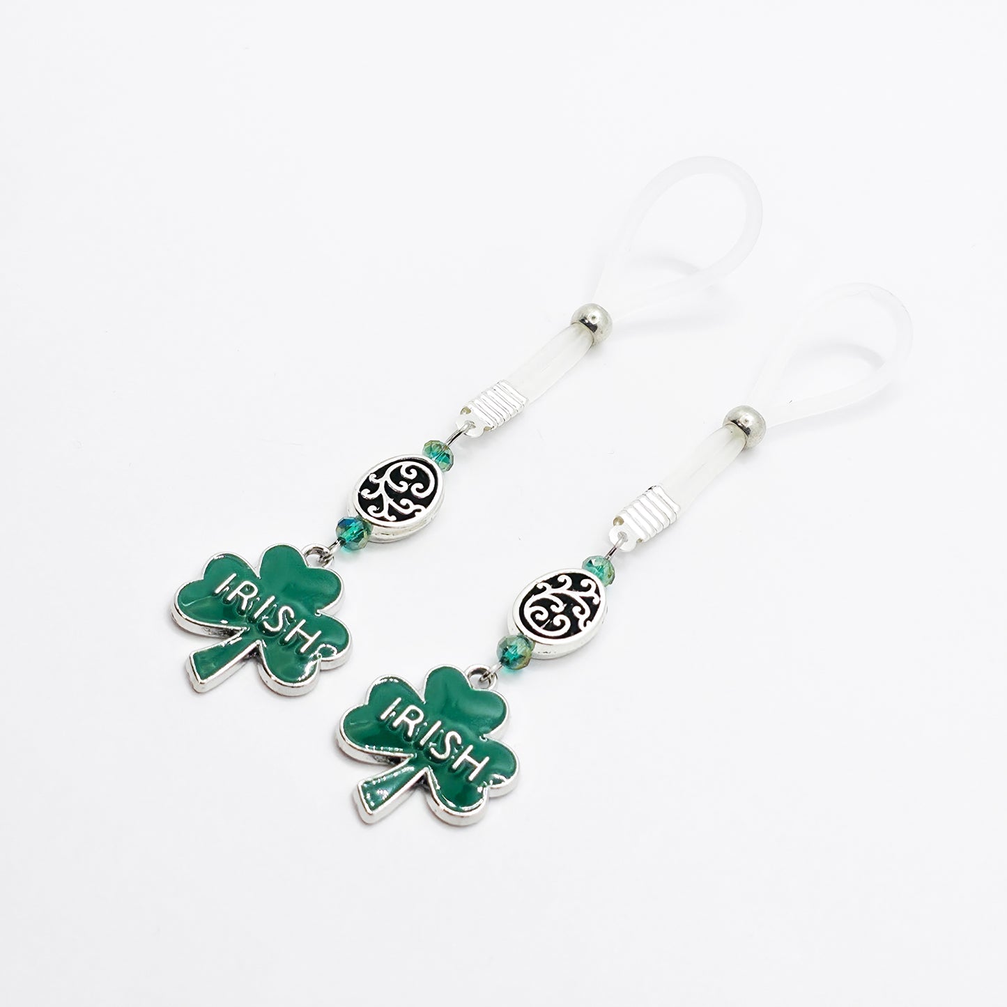 Non-Piercing Nipple Nooses with Beads and Green Shamrock Irish Pendants