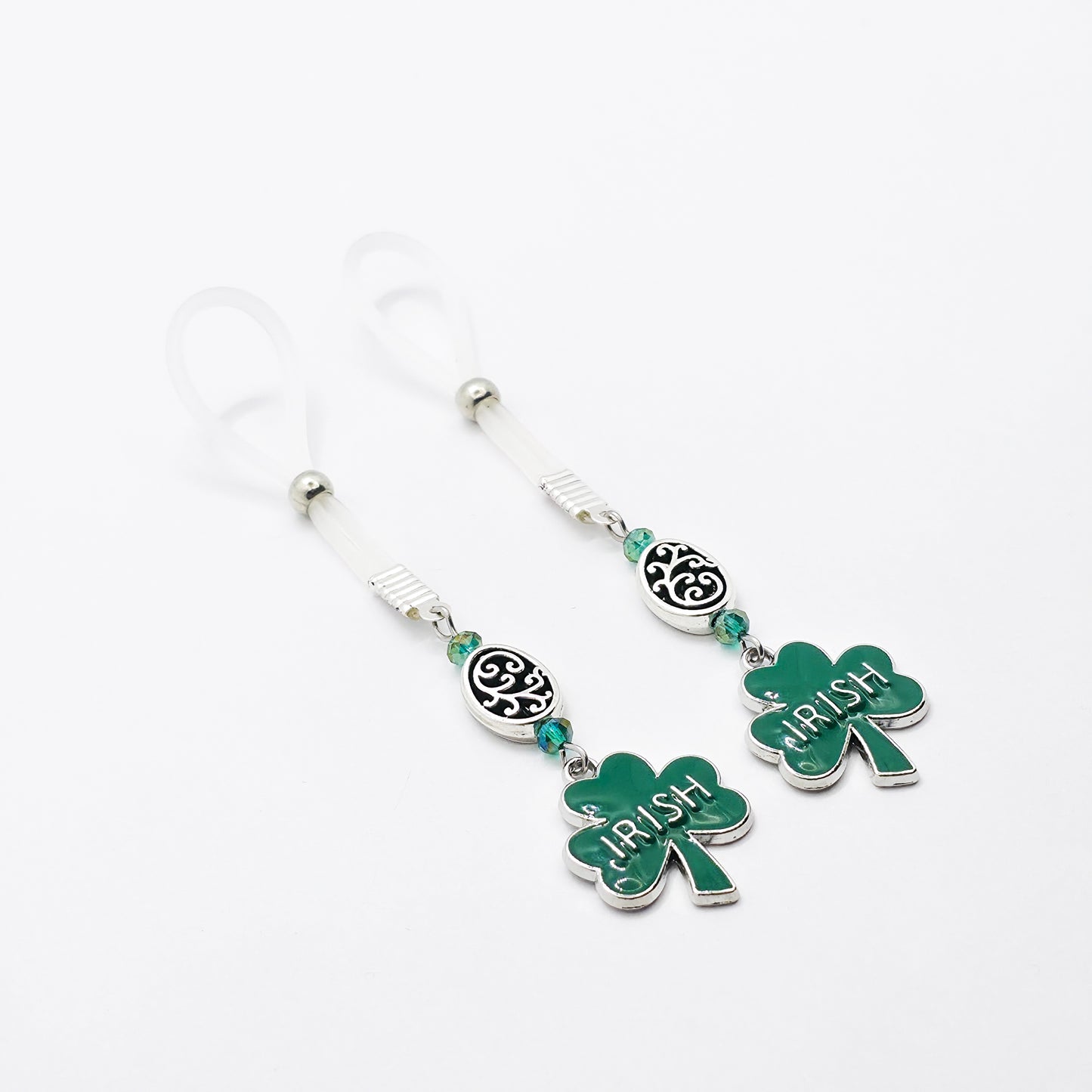 Non-Piercing Nipple Nooses with Beads and Green Shamrock Irish Pendants