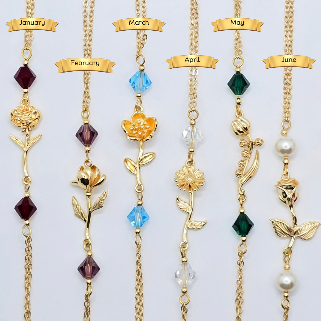 Birth Month Necklace to Nipple with Multiple Nipple Attachment Options. 18K Gold Birth Flower and Crystal Nipple Chain Necklace.