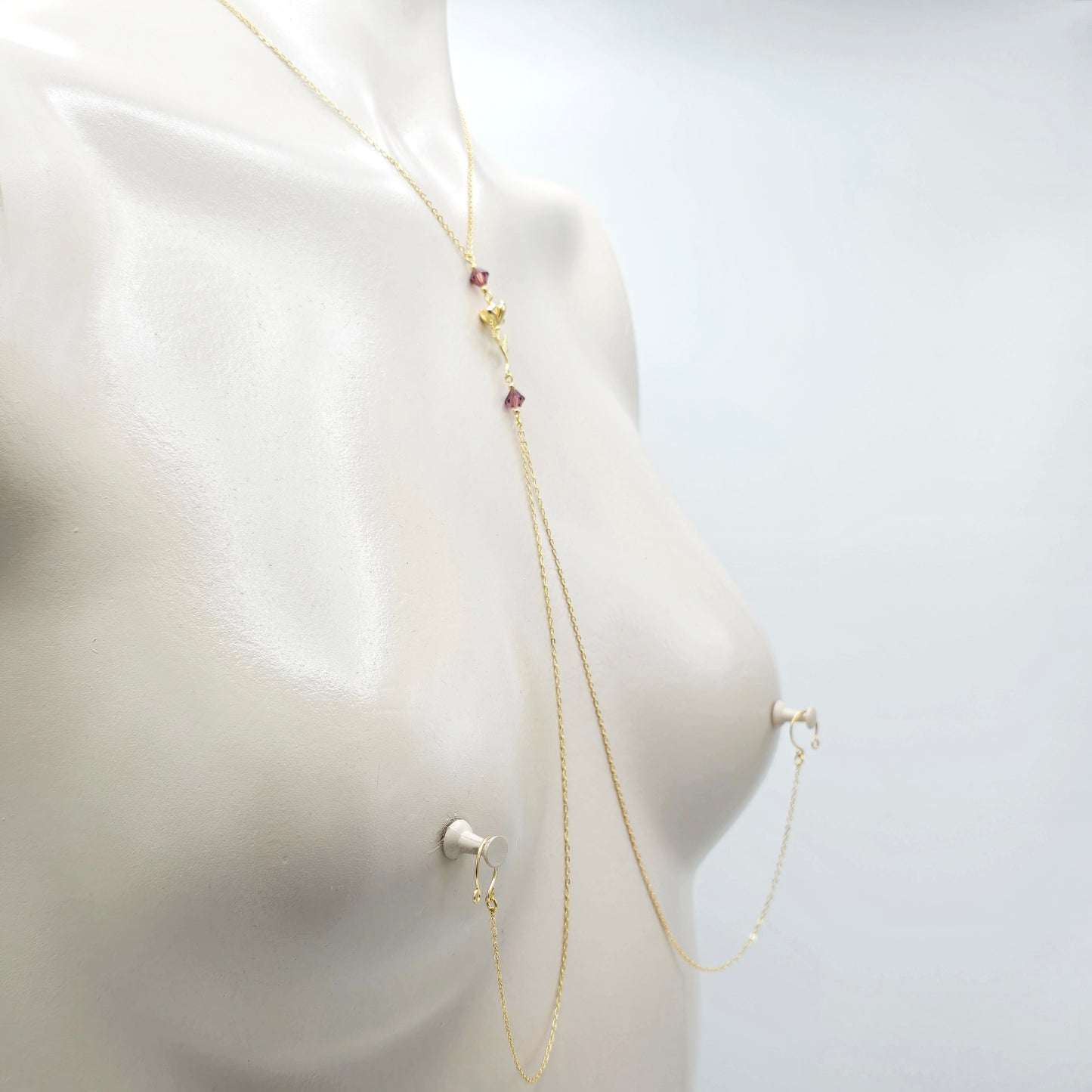 Birth Month Necklace to Nipple with Multiple Nipple Attachment Options. 18K Gold Birth Flower and Crystal Nipple Chain Necklace.