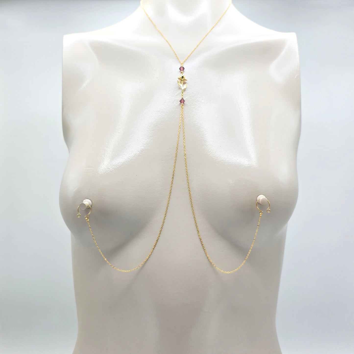 Birth Month Necklace to Nipple with Multiple Nipple Attachment Options. 18K Gold Birth Flower and Crystal Nipple Chain Necklace.