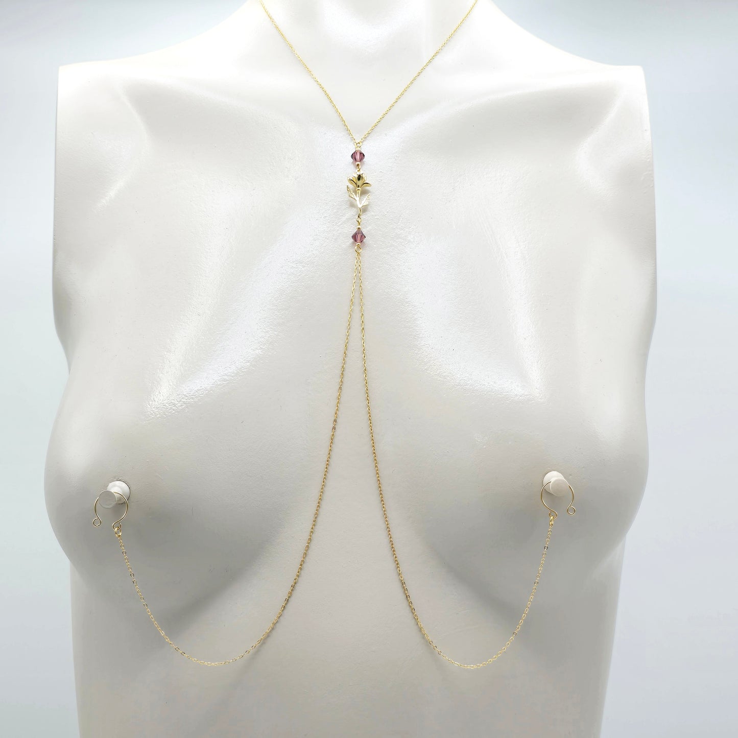 Birth Month Necklace to Nipple with Multiple Nipple Attachment Options. 18K Gold Birth Flower and Crystal Nipple Chain Necklace.
