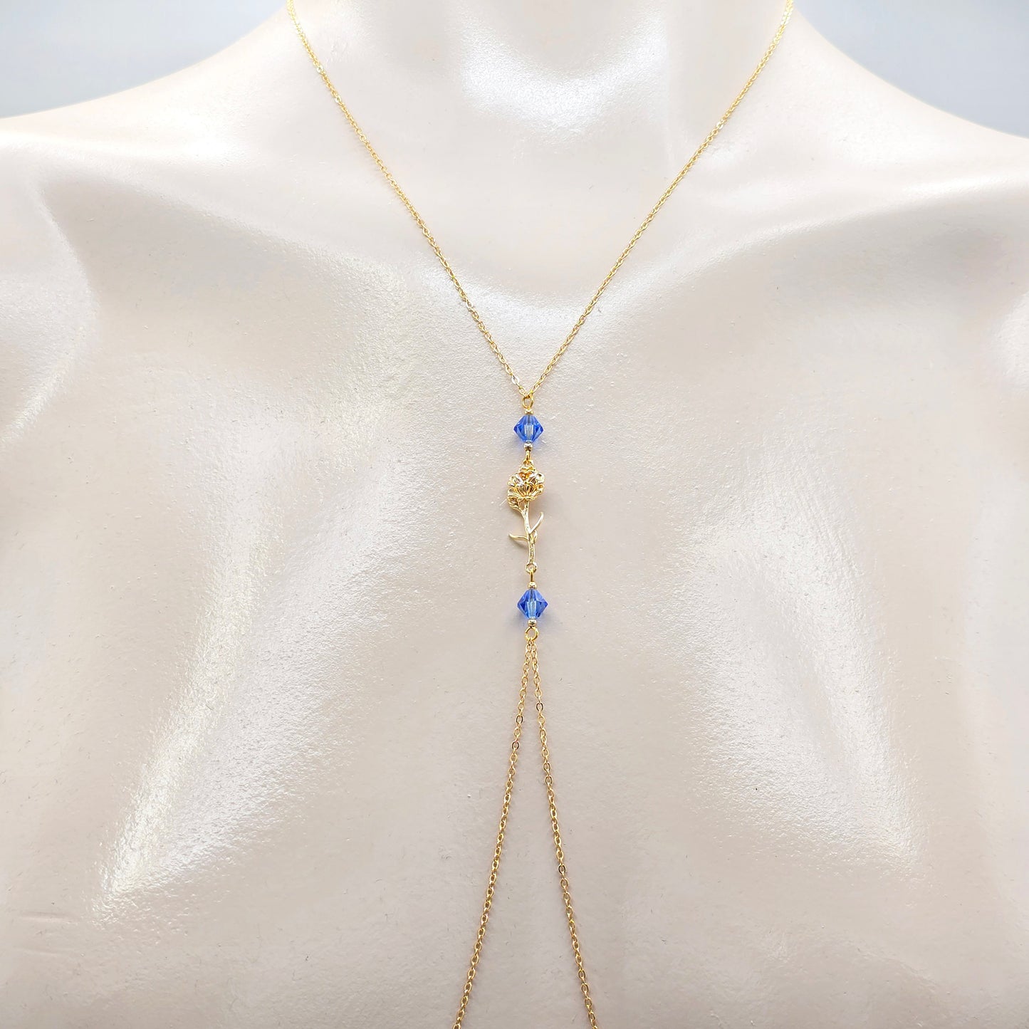 Birth Month Necklace to Nipple with Multiple Nipple Attachment Options. 18K Gold Birth Flower and Crystal Nipple Chain Necklace.