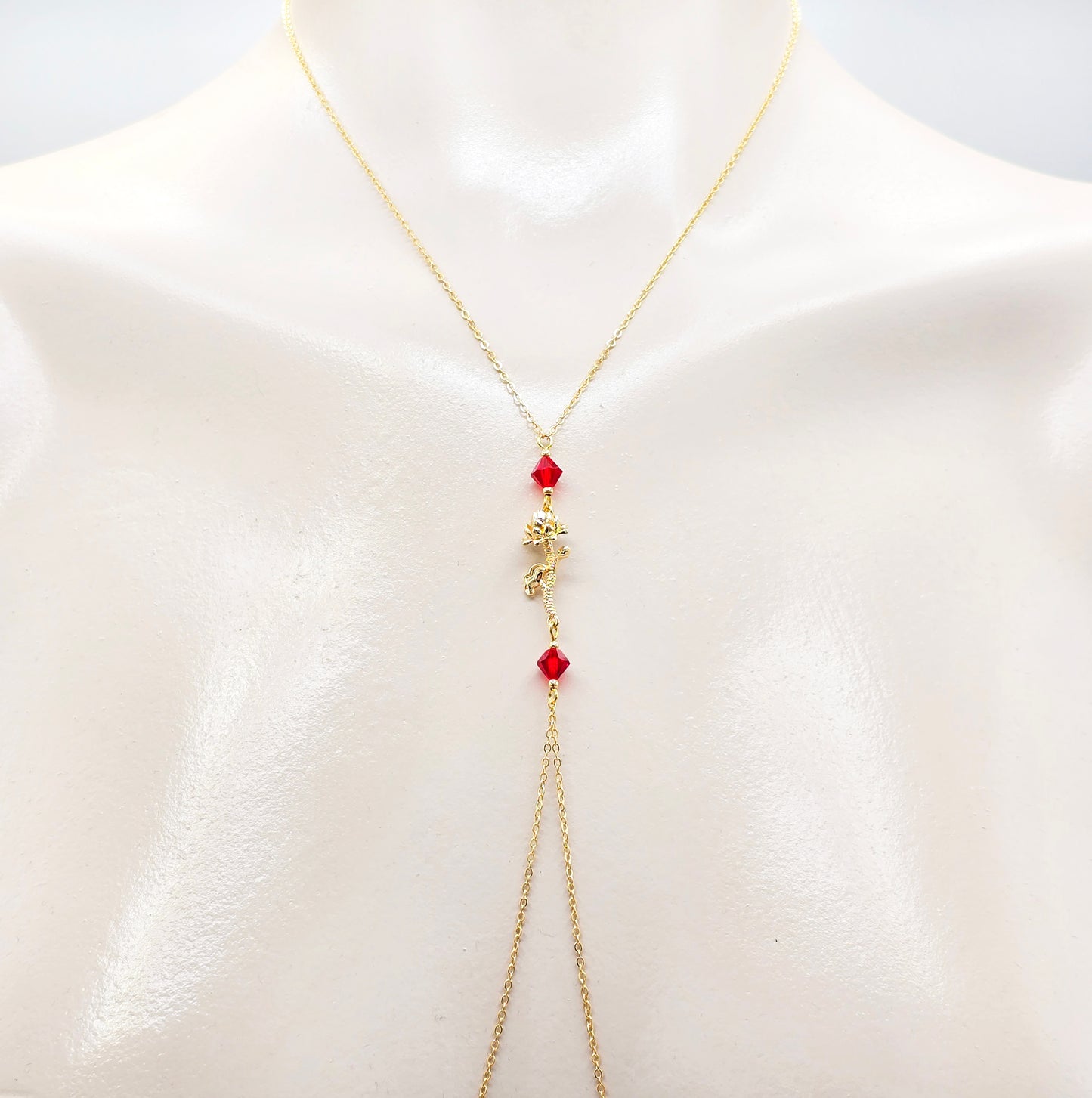 Birth Month Necklace to Nipple with Multiple Nipple Attachment Options. 18K Gold Birth Flower and Crystal Nipple Chain Necklace.