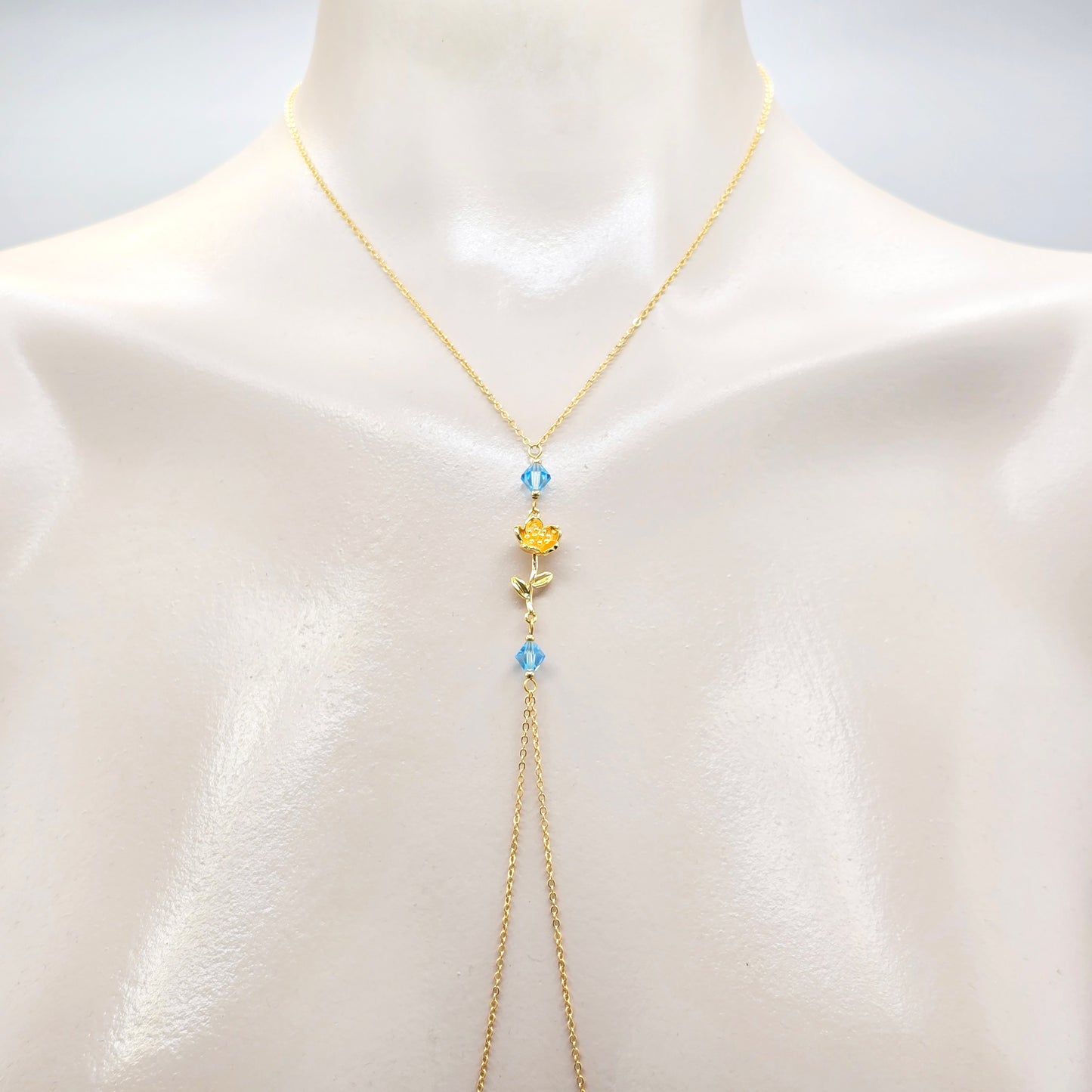 Birth Month Necklace to Nipple with Multiple Nipple Attachment Options. 18K Gold Birth Flower and Crystal Nipple Chain Necklace.