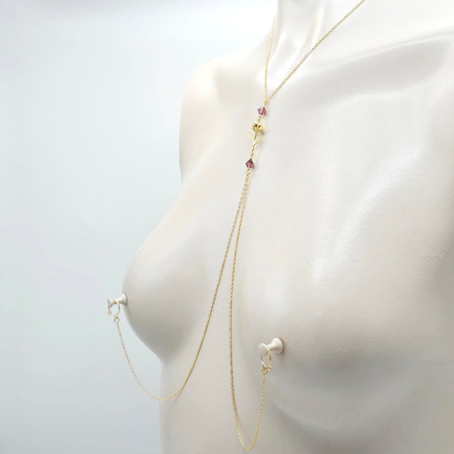Birth Month Necklace to Nipple with Multiple Nipple Attachment Options. 18K Gold Birth Flower and Crystal Nipple Chain Necklace.