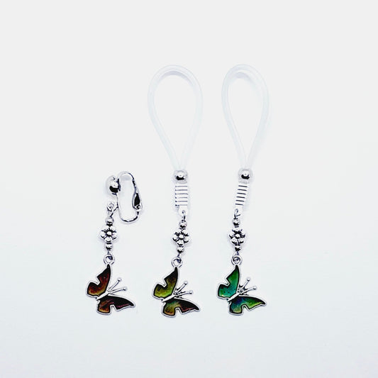 Nipple and Clit Intimate Jewelry Set, Non Piercing, with Color Changing Butterflies. Nipple Nooses or Clamps.