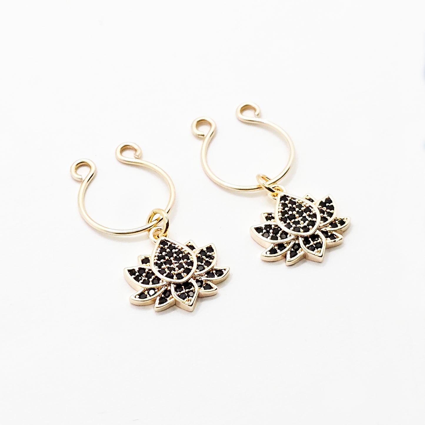 Non Piercing Nipple Rings with Sparkling 18K Gold or Platinum Lotus Flowers. Set of 2. Fake Nipple Rings