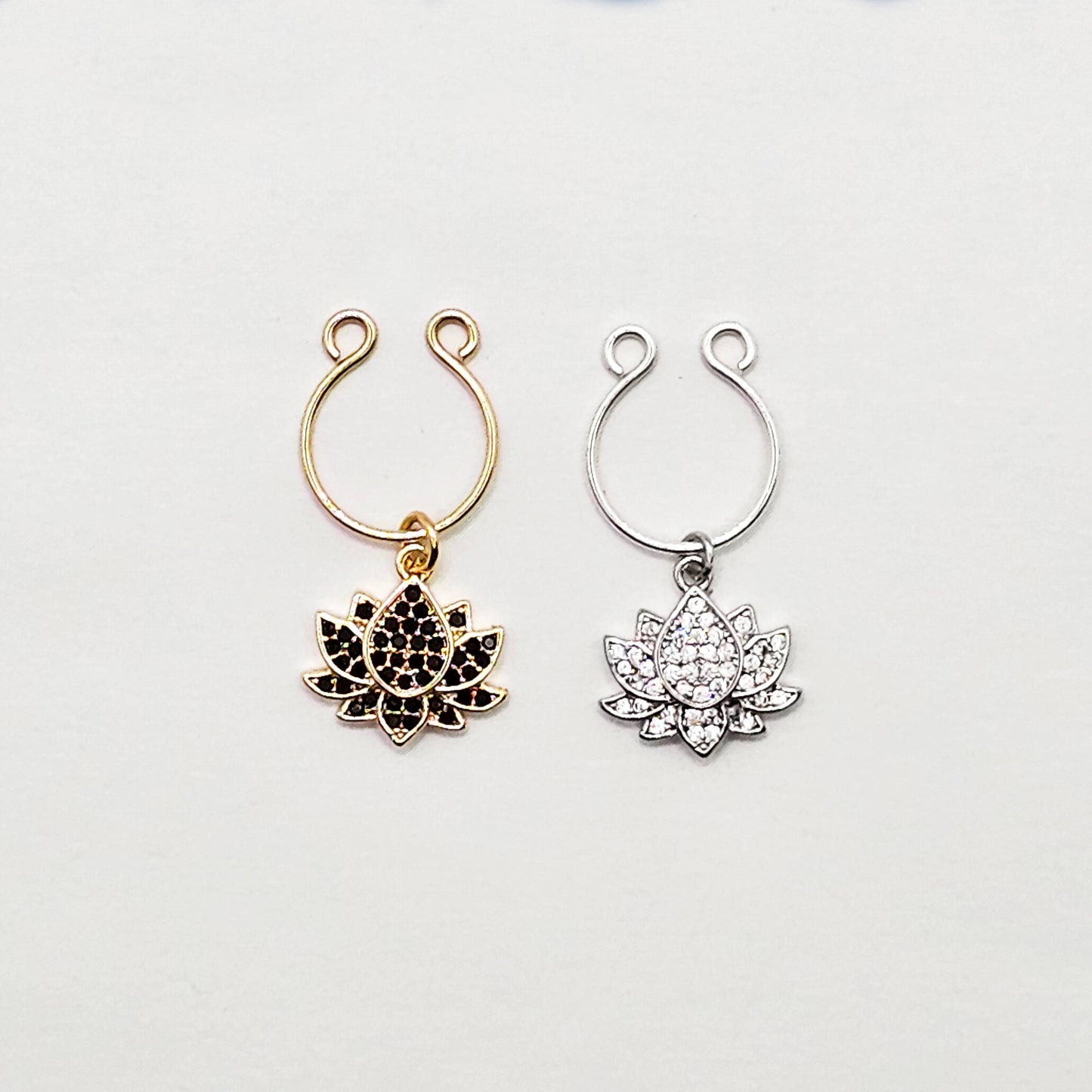 Non Piercing Nipple Rings with Sparkling 18K Gold or Platinum Lotus Flowers. Set of 2. Fake Nipple Rings