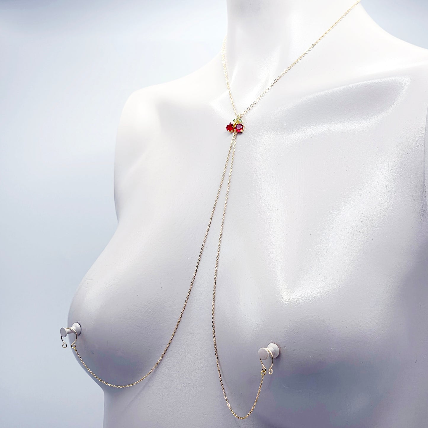 Necklace to Nipple with Cherries, Non-Piercing, with Piercings, or Nipple Clamps. 18K Gold and Gemstones.