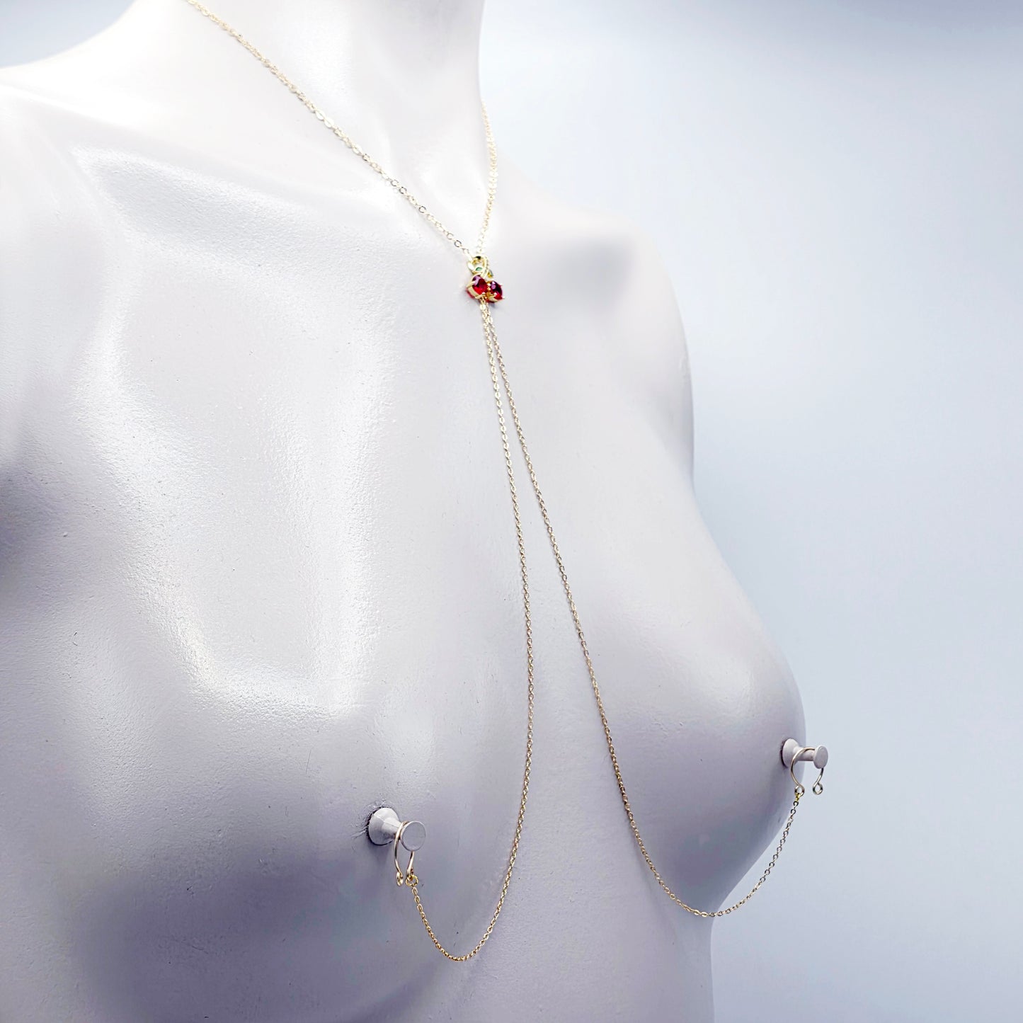 Necklace to Nipple with Cherries, Non-Piercing, with Piercings, or Nipple Clamps. 18K Gold and Gemstones.