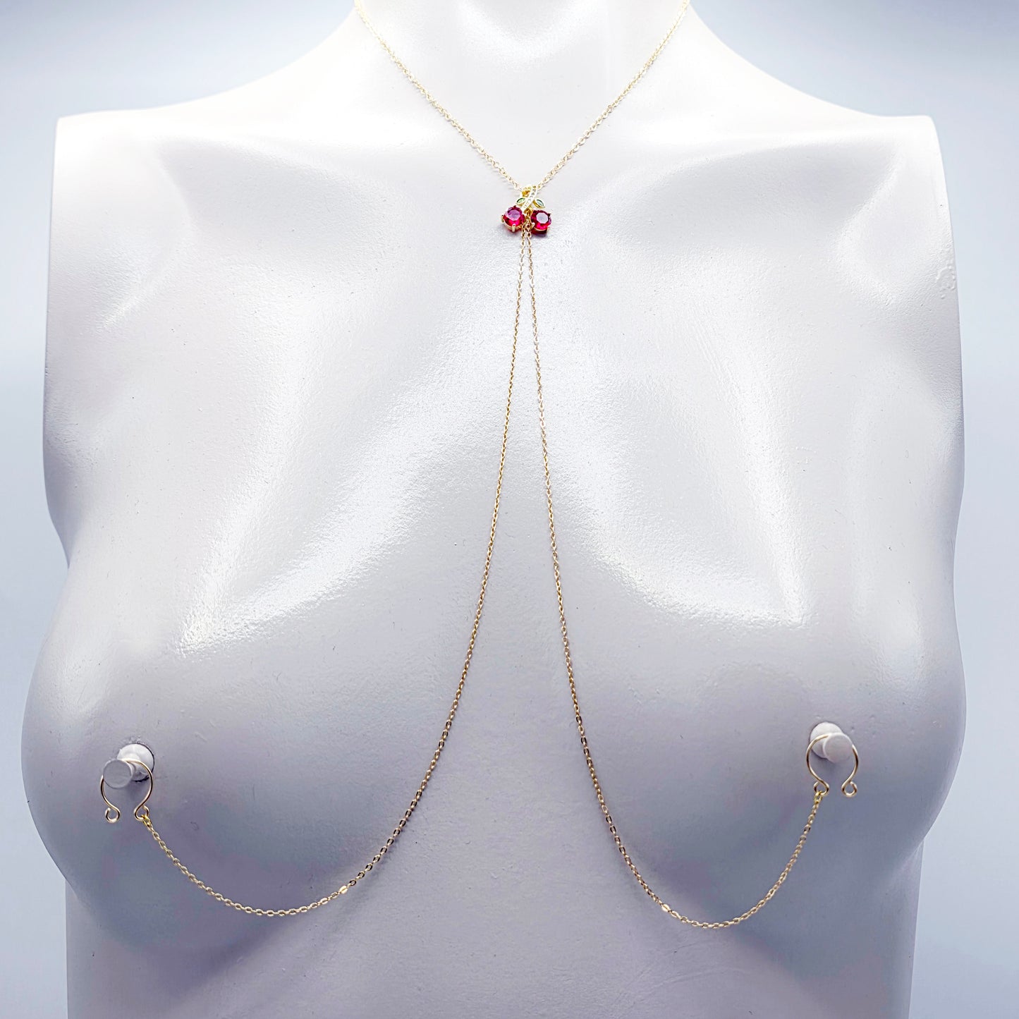 Necklace to Nipple with Cherries, Non-Piercing, with Piercings, or Nipple Clamps. 18K Gold and Gemstones.