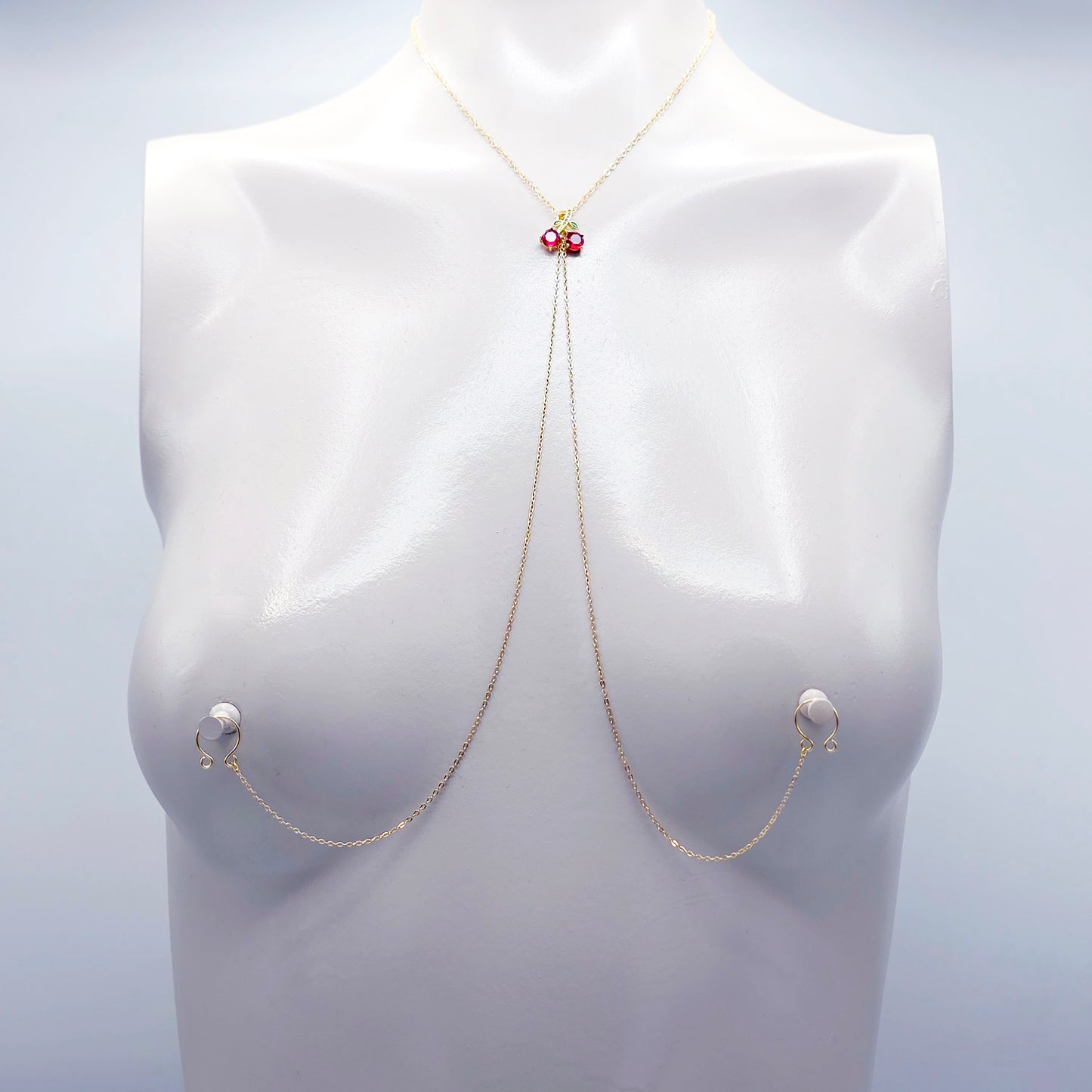 Necklace to Nipple with Cherries, Non-Piercing, with Piercings, or Nipple Clamps. 18K Gold and Gemstones.