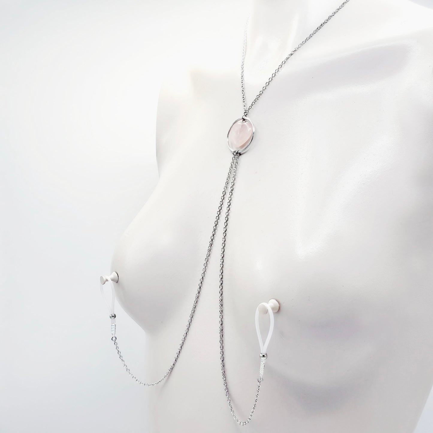 Necklace to Nipple with Real Crystal Heart, Circle of O. Non Piercing Nipple Nooses or Nipple Clamps.