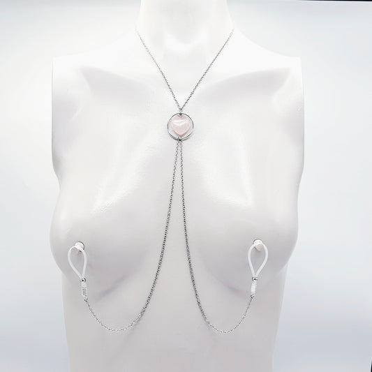 Necklace to Nipple with Real Crystal Heart, Circle of O. Non Piercing Nipple Nooses or Nipple Clamps.