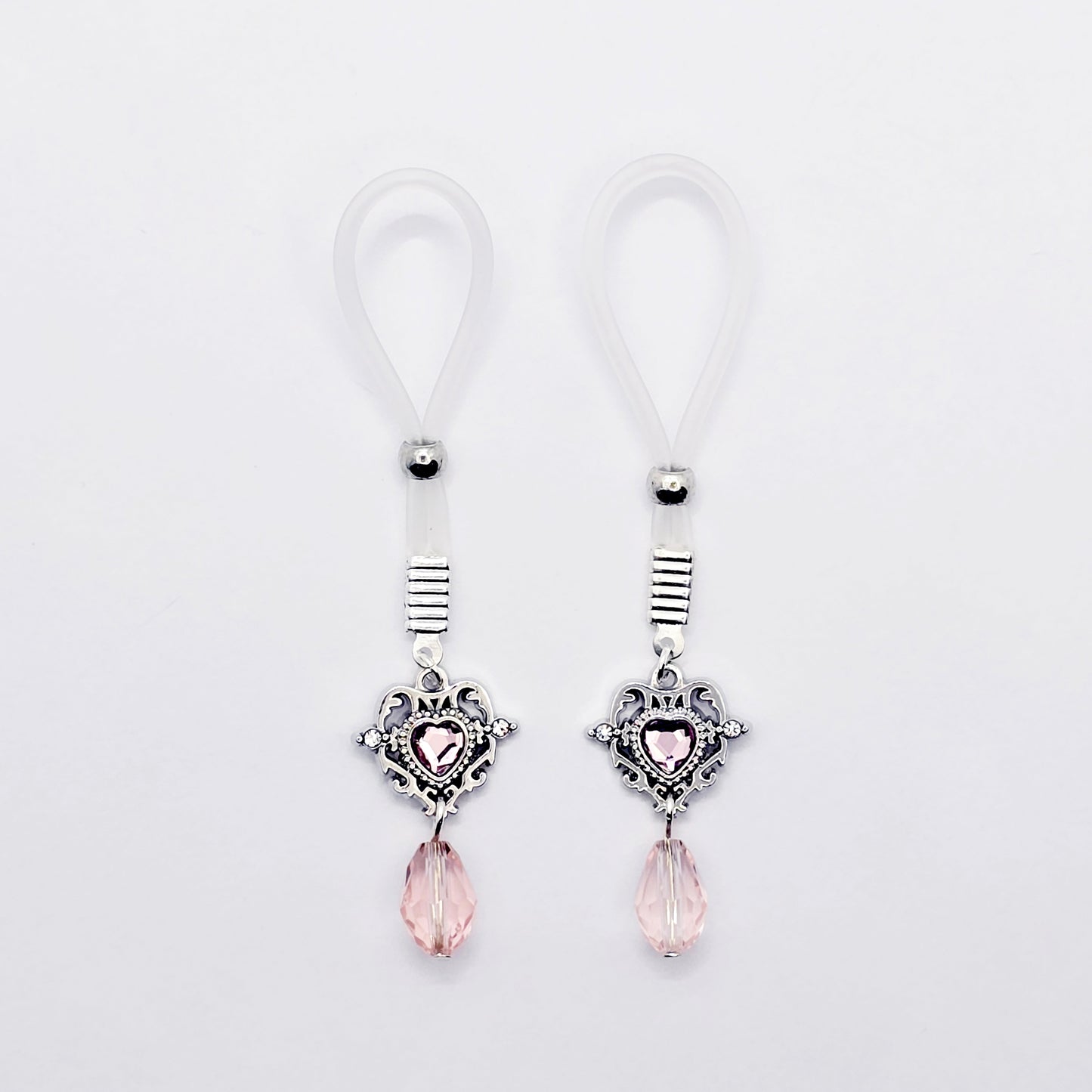 Pair of Fake Nipple Piercings with Pink Gem Heart | Nipple Nooses For Daily Wear | Or Your Choice of Nipple Clamps | MATURE Nipple Jewelry