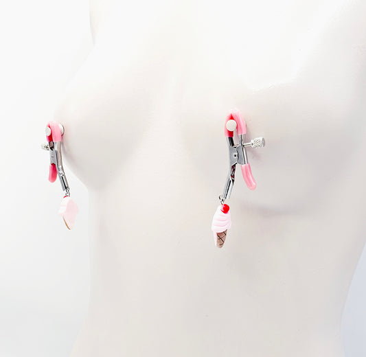 DDLG Nipple Clamps. Pink Ice Cream Cone Adjustable Clamps