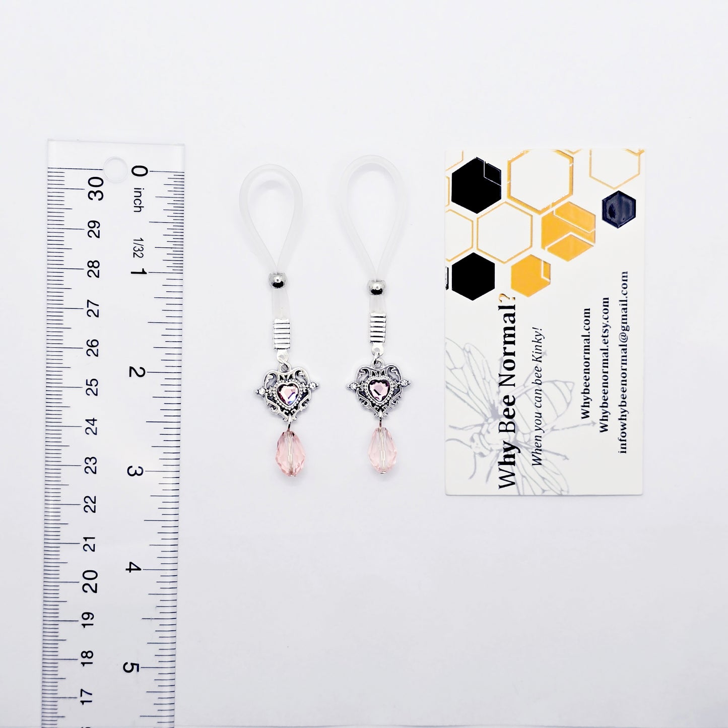 Pair of Fake Nipple Piercings with Pink Gem Heart | Nipple Nooses For Daily Wear | Or Your Choice of Nipple Clamps | MATURE Nipple Jewelry