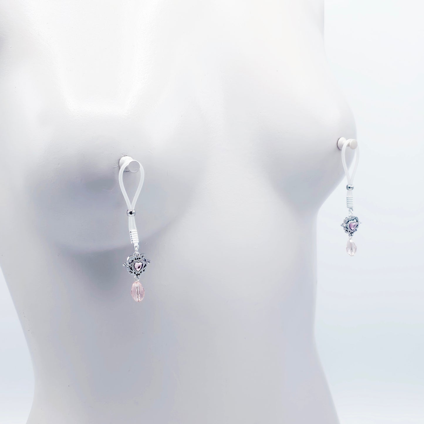 Pair of Fake Nipple Piercings with Pink Gem Heart | Nipple Nooses For Daily Wear | Or Your Choice of Nipple Clamps | MATURE Nipple Jewelry