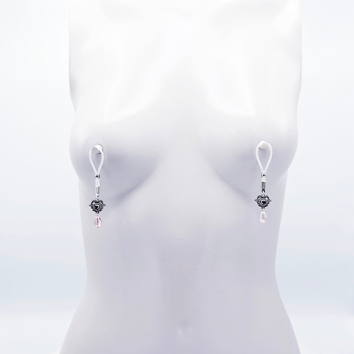 Pair of Fake Nipple Piercings with Pink Gem Heart | Nipple Nooses For Daily Wear | Or Your Choice of Nipple Clamps | MATURE Nipple Jewelry